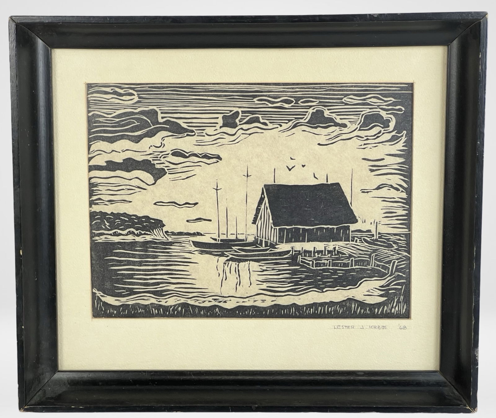 1968 Lester J. Krebs Woodcut - Coastal Scene (1 of 3)