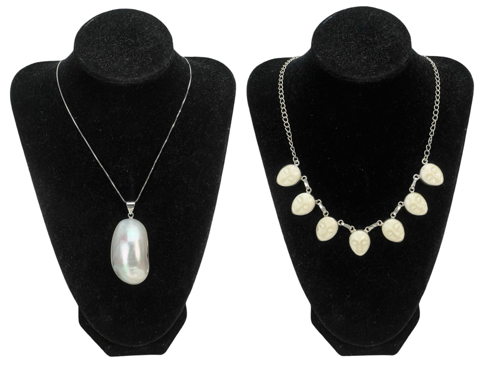 Two Sterling Silver Necklaces- Carved Faces (1 of 9)