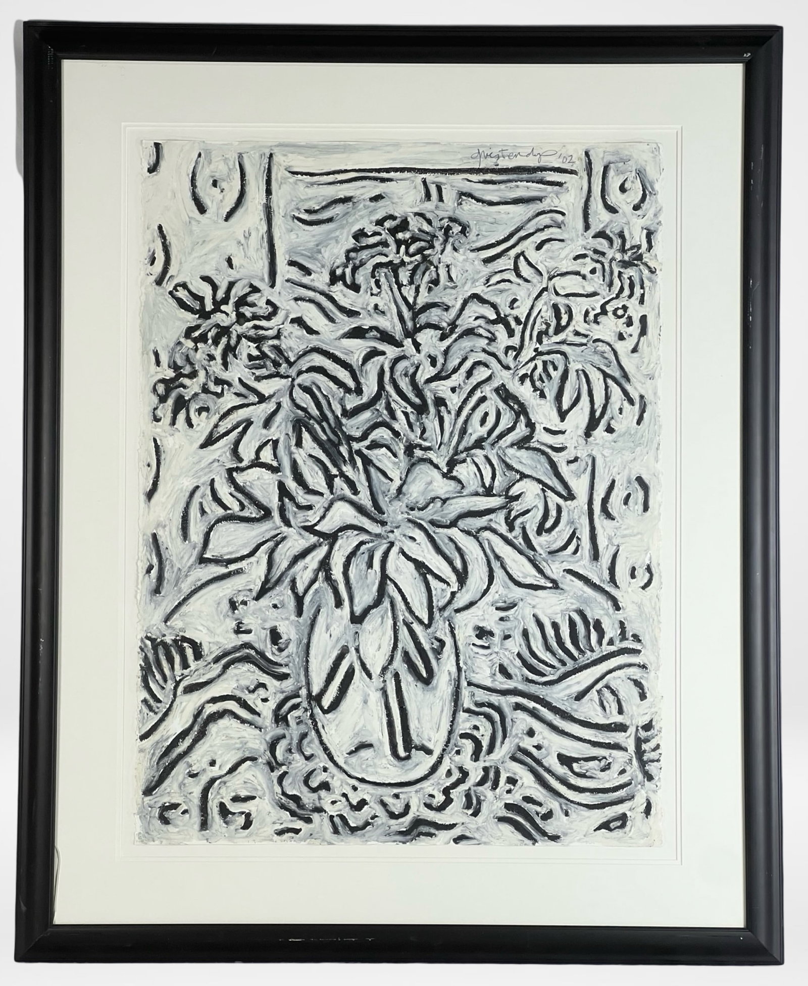Black & White Watercolor Inspired by Van Gogh's St: A striking black and white watercolor painting capturing the expressive energy of Van Gogh's famous still life compositions. Rendered with bold, textured brushstrokes, this piece presents a dynamic fl