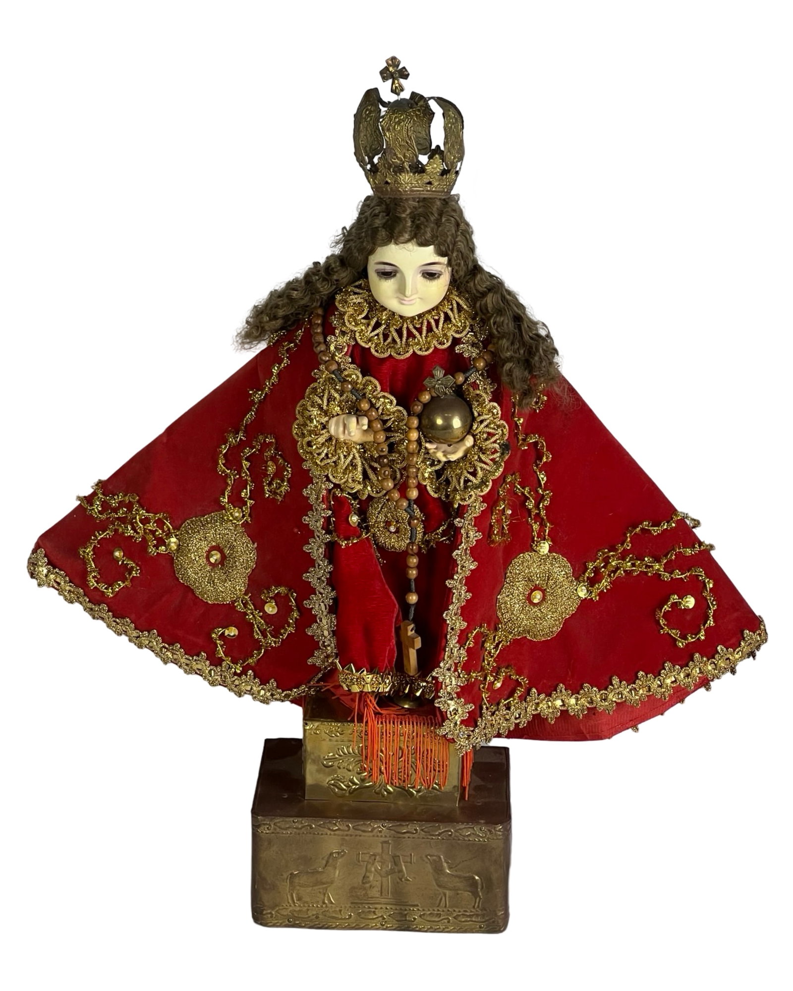 Vintage 22" Infant of Prague Religious Statue: This stunning 22" tall Infant of Prague statue features a beautifully detailed face, curly hair, and an intricate gold-tone metal crown. Dressed in an opulent red velvet robe with elaborate gold embro