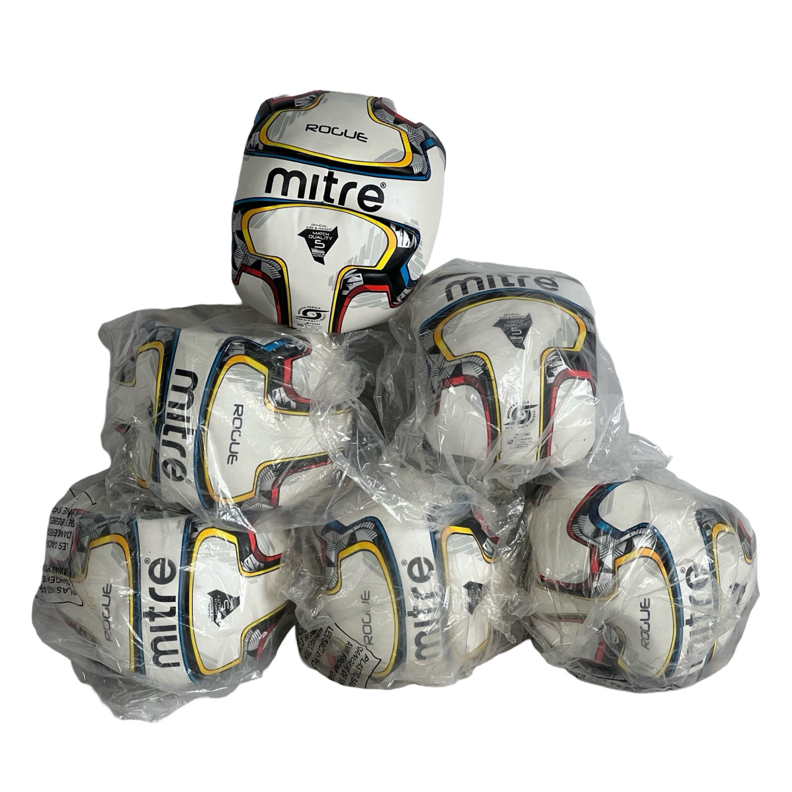6 New Mitre Rogue Match Quality Soccer Balls: This lot includes six brand-new Mitre Rogue soccer balls, all in their original packaging. Designed for professional match play, these size 5 balls meet official standards for weight and performance.