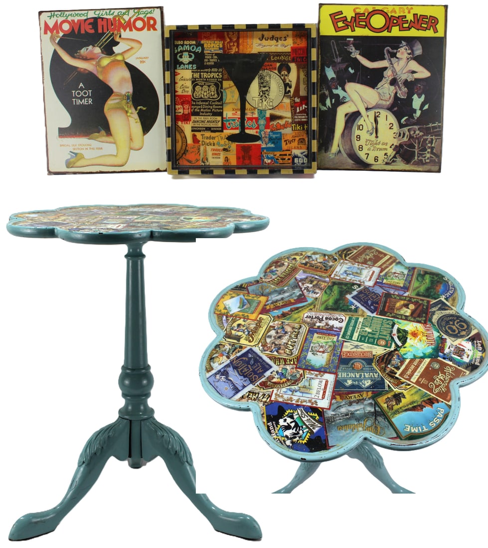 Retro Metal Tin Signs Collection with Decorative Decoupage Side Table (1 of 4)