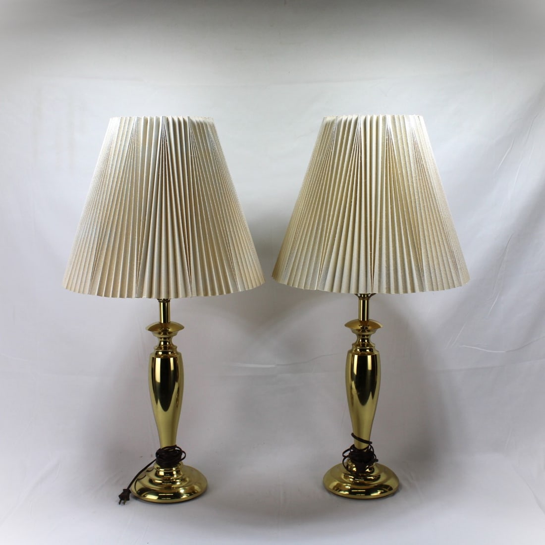 Pair of Vintage Brass Table Lamps with Pleated Fabric Shades (1 of 3)