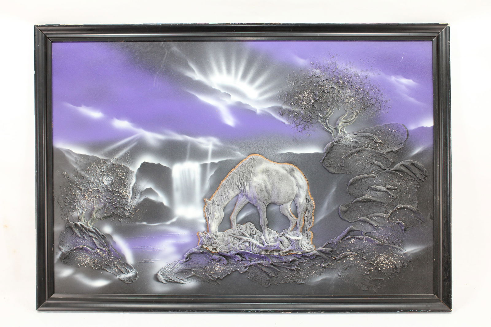 Framed 3D Mixed Media Art with Horse and Waterfall Scene (1 of 1)