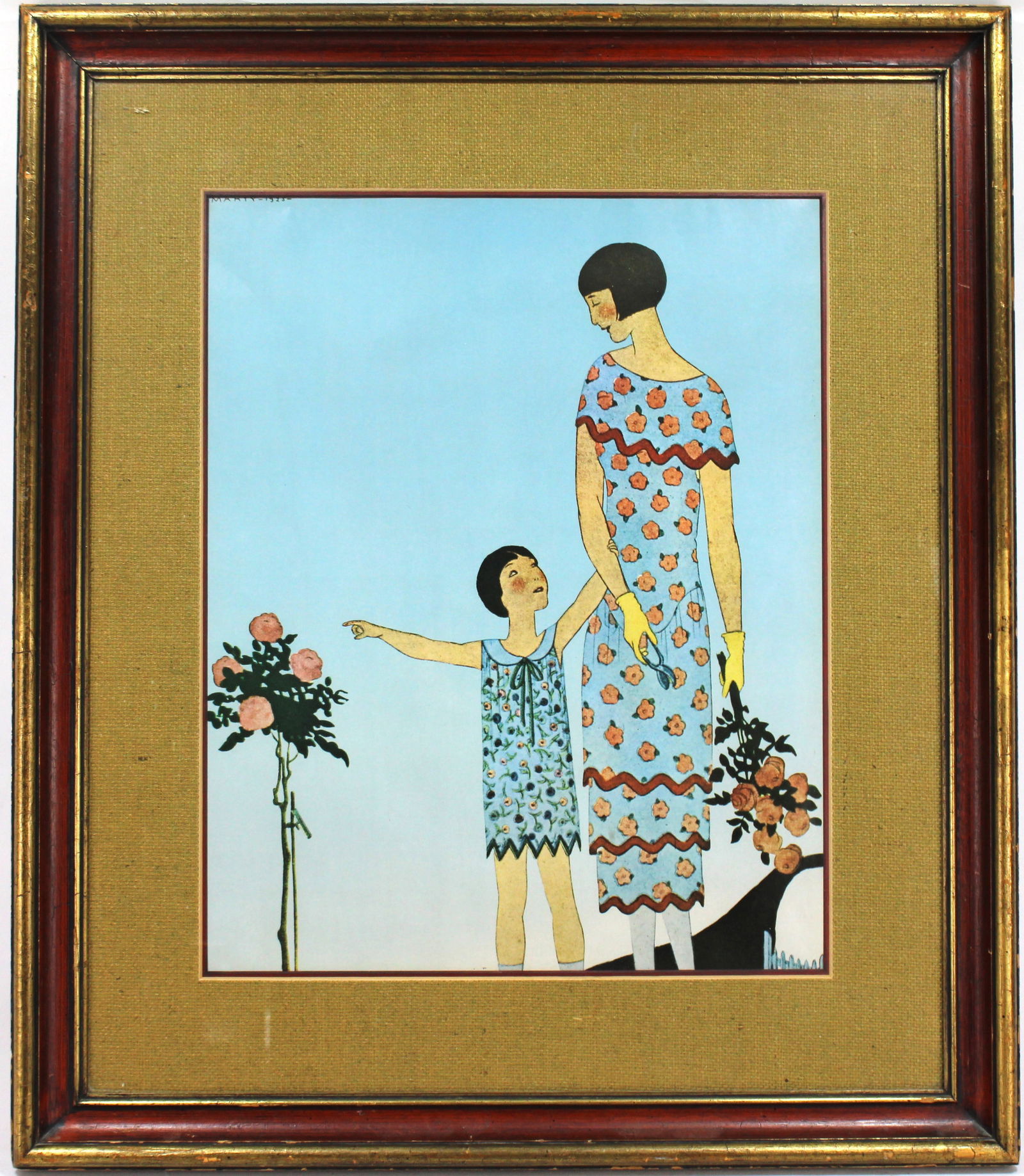 Framed 1913 Marty Artwork Mother and Child in Floral Dresses (1 of 2)