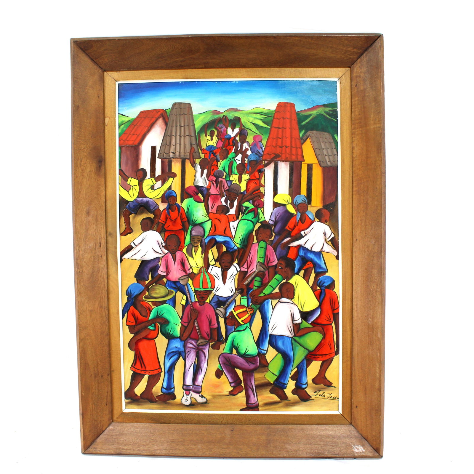 Vibrant Framed Painting of a Colorful Village Scene: Captivating framed artwork depicting a lively village gathering with vivid colors and dynamic figures. A striking piece that brings energy and cultural charm to any space.