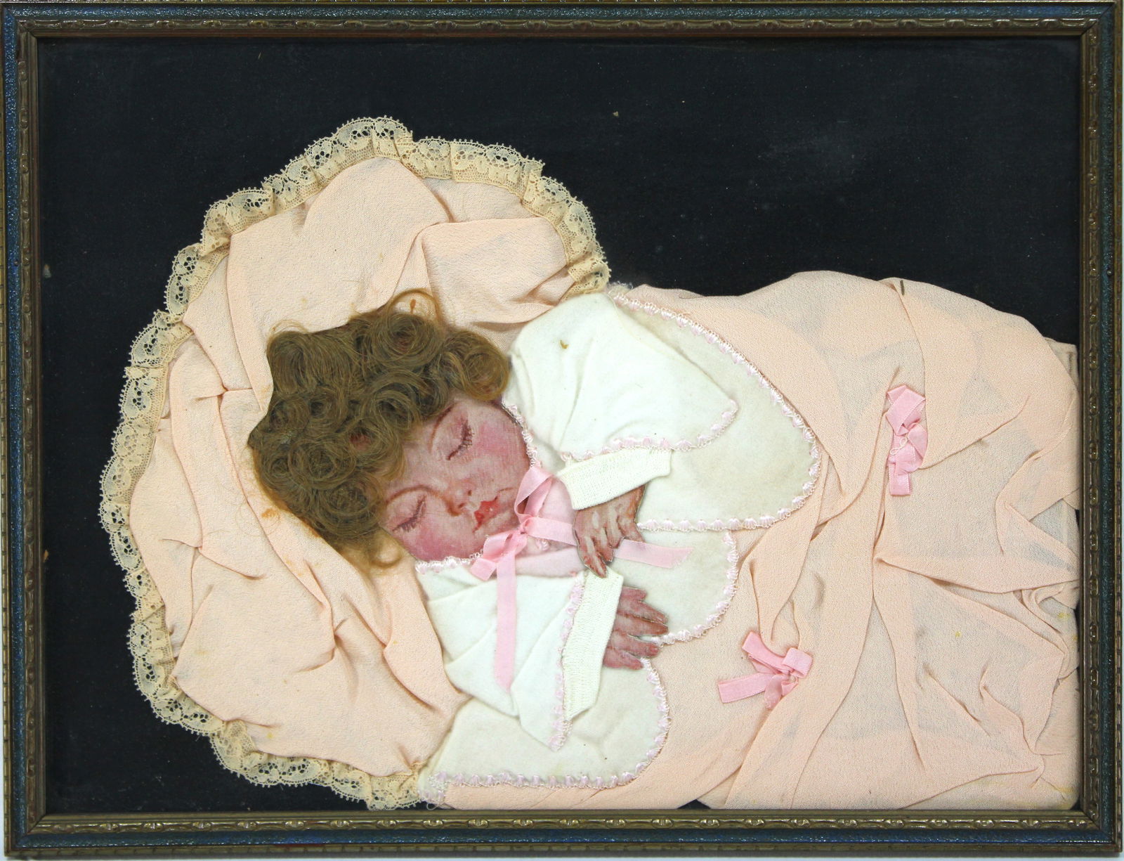 Victorian Era Mourning Art Baby Portrait with Real Hair in Ornate Frame (1 of 2)