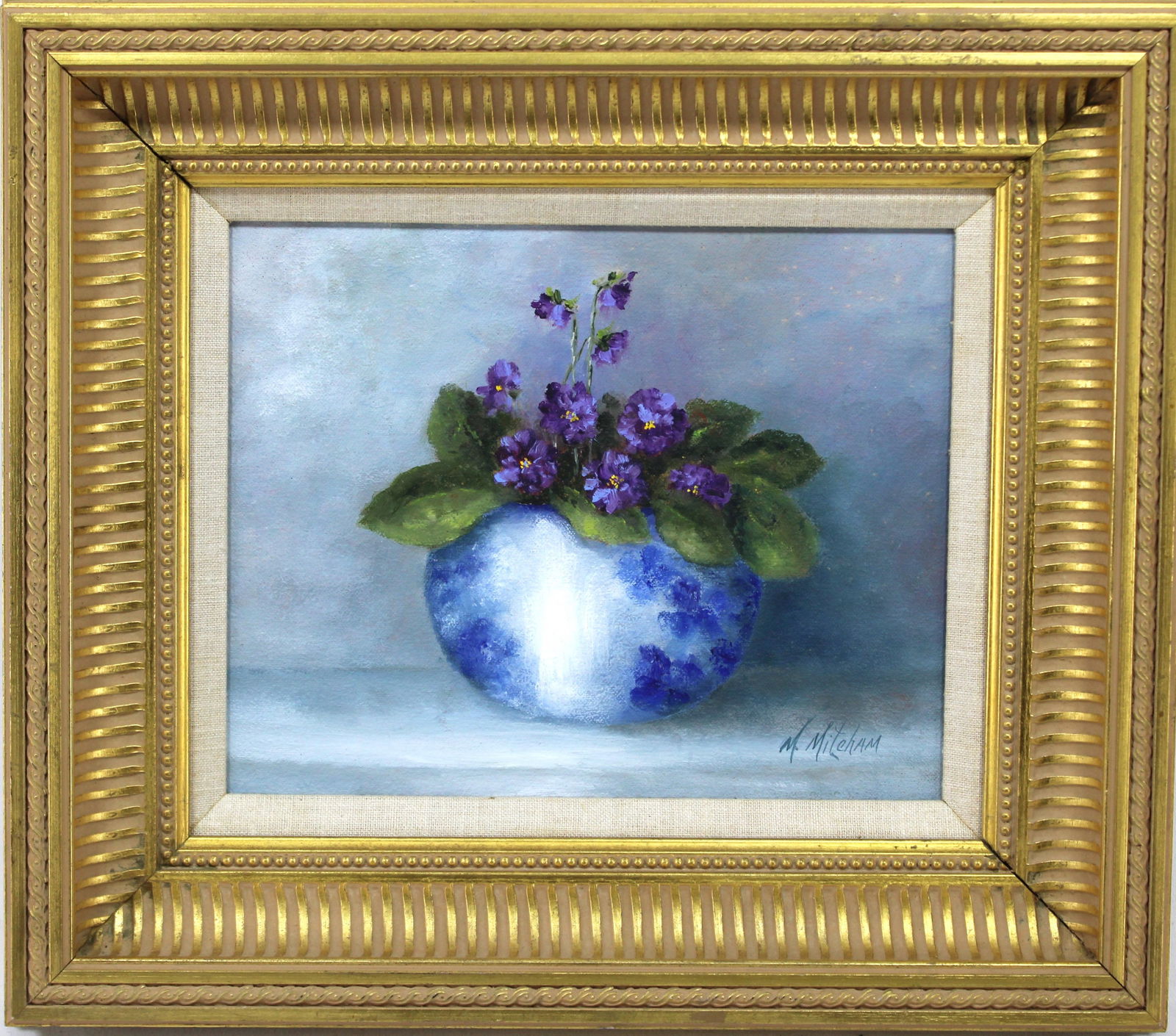 Ornate Gold-Framed Oil Painting of Violet Flowers in Blue Ceramic Vase (1 of 2)
