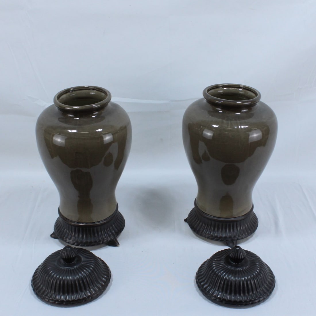 Pair of Vintage Glazed Ceramic Ginger Jars with Ornate Metal Bases & Lids (1 of 3)