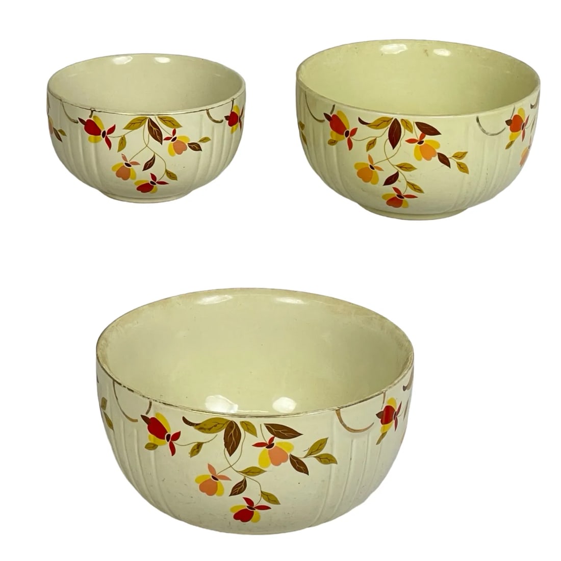 Hall's Superior Jewel Homemakers Institute Ceramic Mixing Bowls Set of 3: Charming vintage Hall's Superior Quality Kitchenware mixing bowls set, featuring a hand-painted floral pattern in warm autumn tones. These bowls, tested and approved by the Jewel Homemakers Institute,