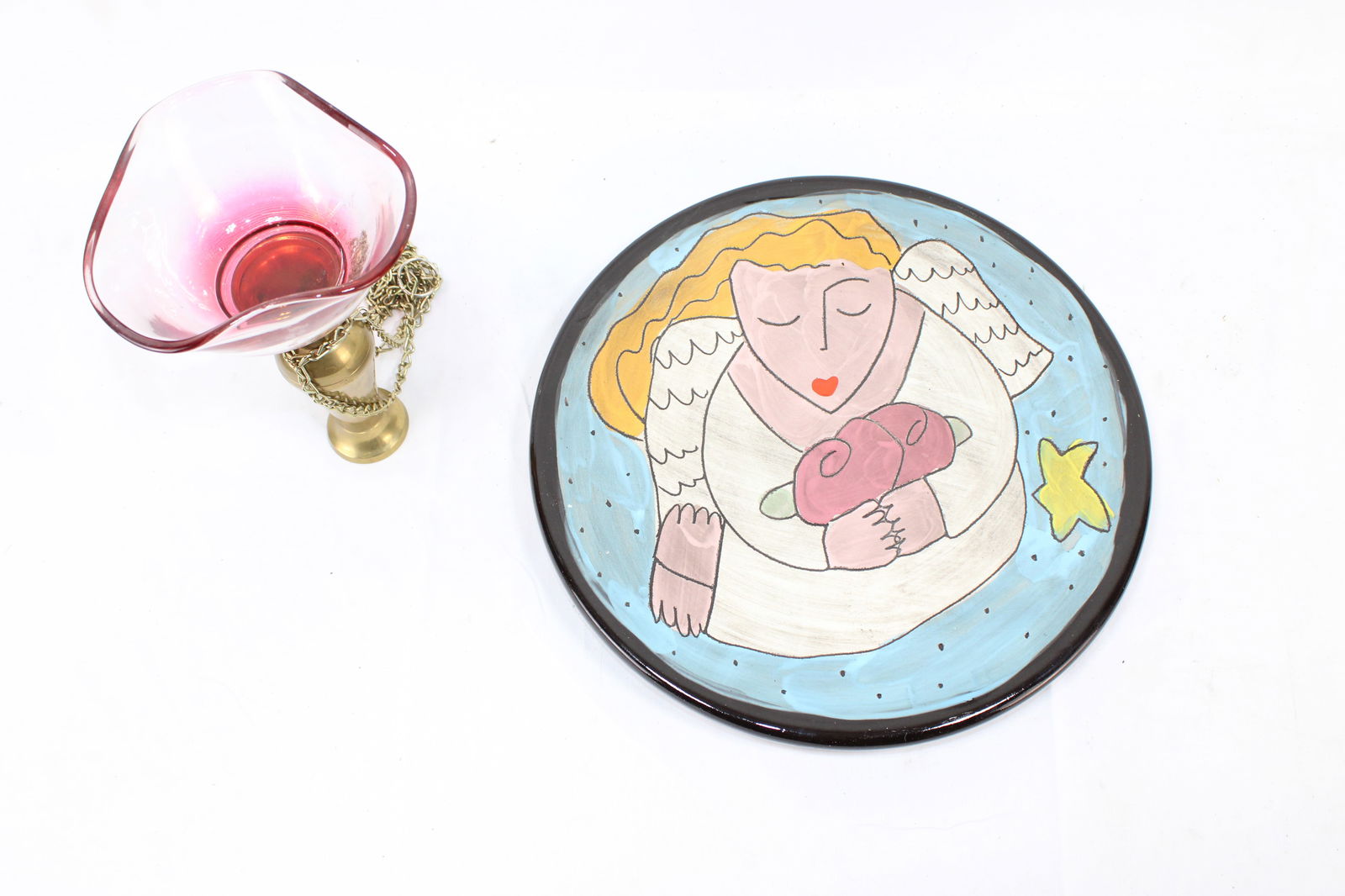 Sandra Magsamen Decorative ceramic angel plate&pink glass brass candle holder (1 of 3)