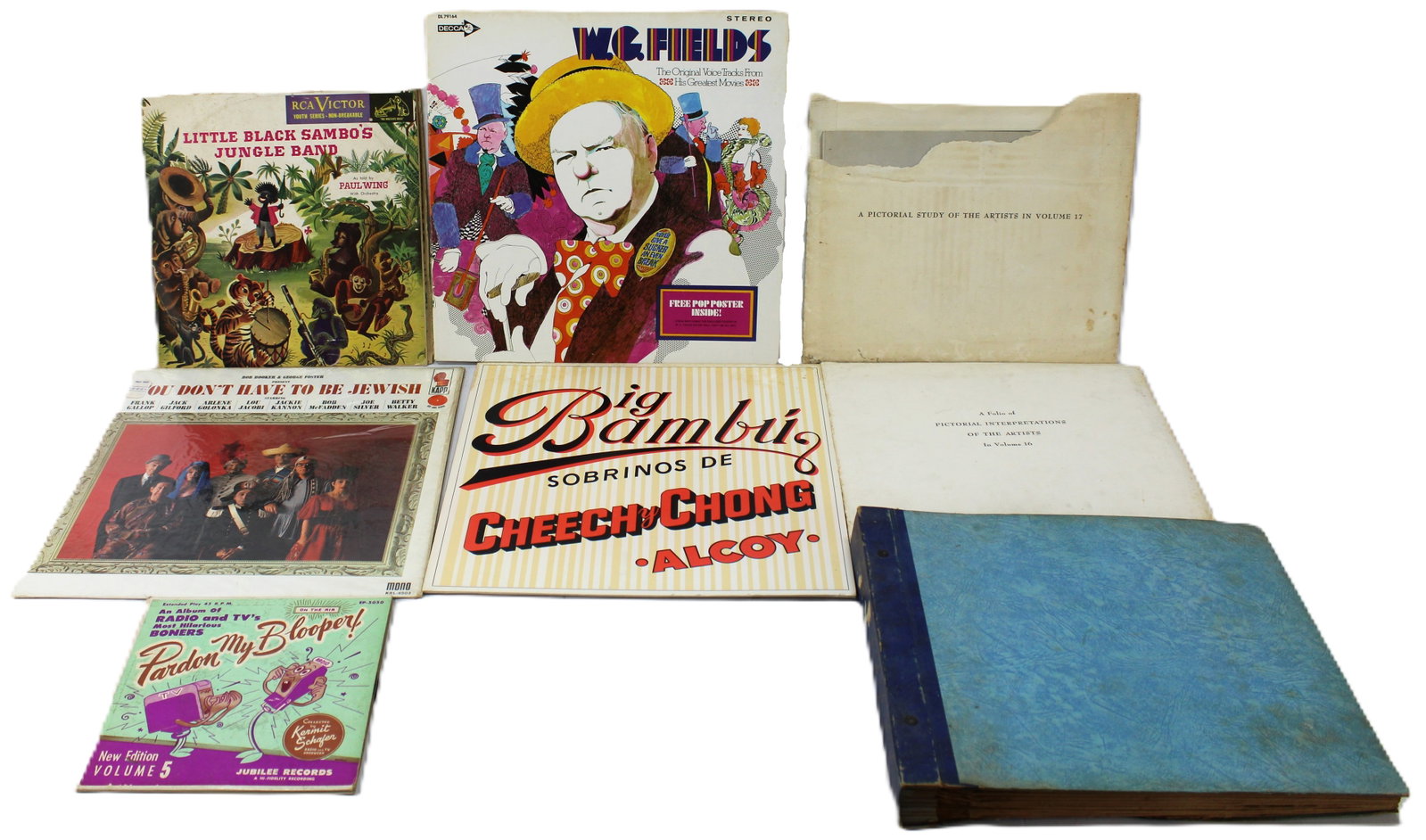 Mixed Collection of Vintage Comedy Records, Children's Albums, and Art Folios: Diverse vintage collection featuring a mix of comedy, children's, and art-related vinyl records and folios. Includes the iconic Cheech and Chong Big Bambu LP (with rolling paper insert missing), W.C. 