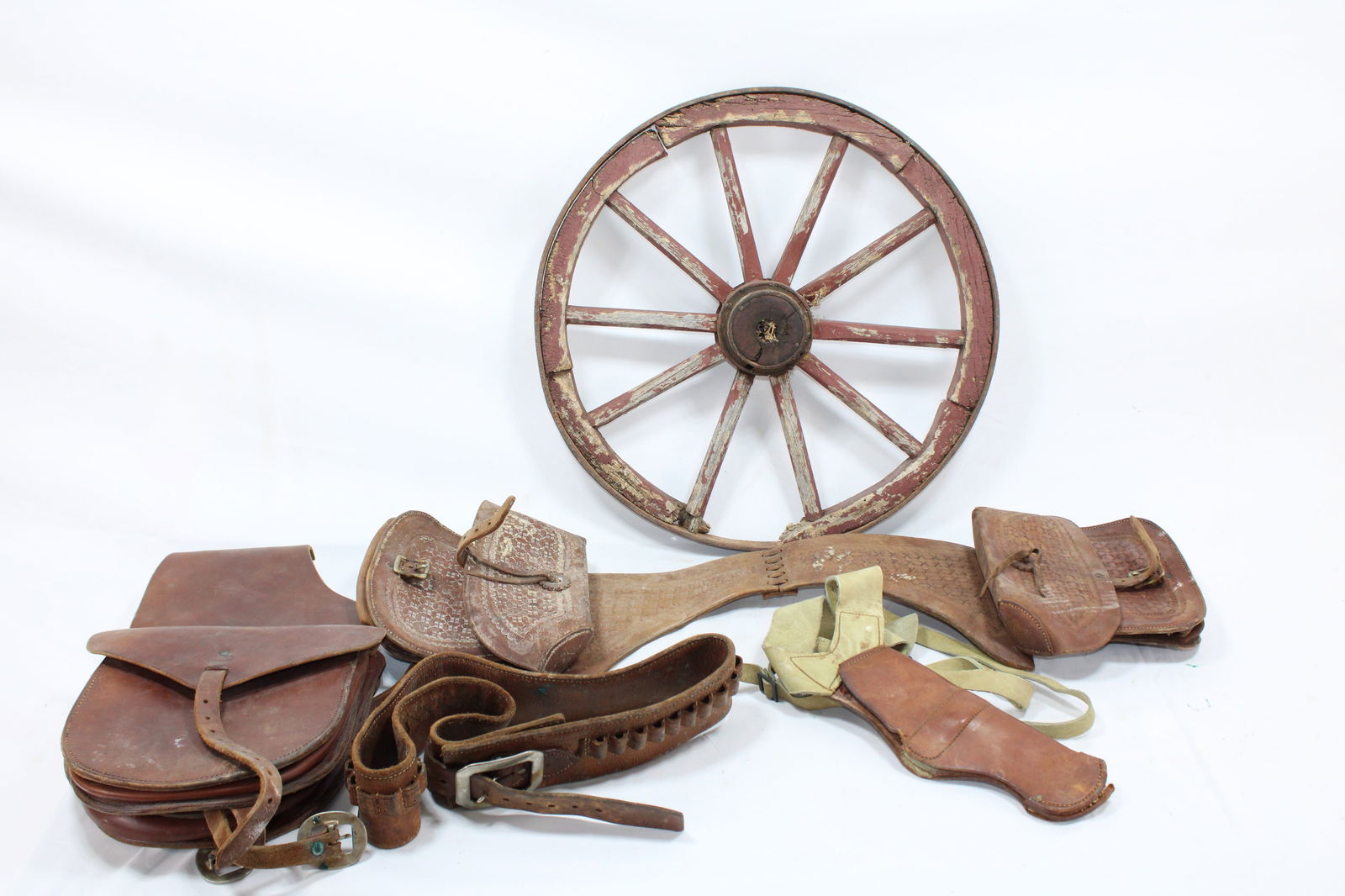 Rustic Leather Saddle Accessories with Antique Wooden Wagon Wheel (1 of 4)