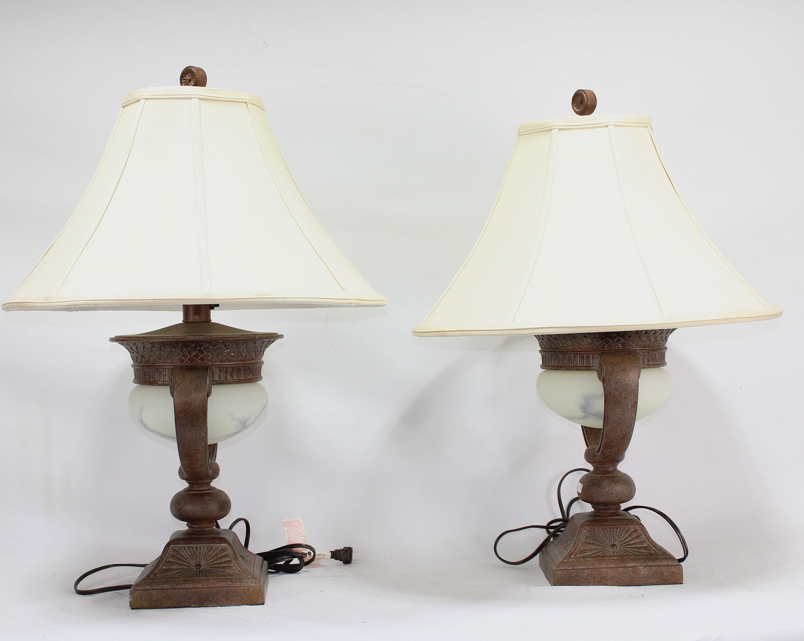 Pair of Rustic Table Lamps with Marble Glass Accents and Cream Fabric Shades (1 of 4)