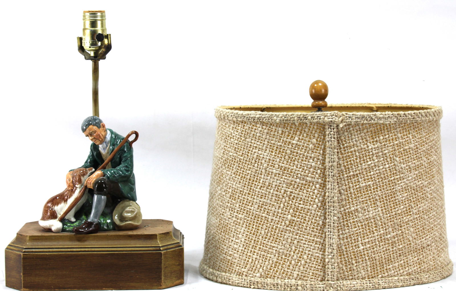 Handcrafted Figurine Table Lamp Shepherd with Dog and Burlap Shade (1 of 3)