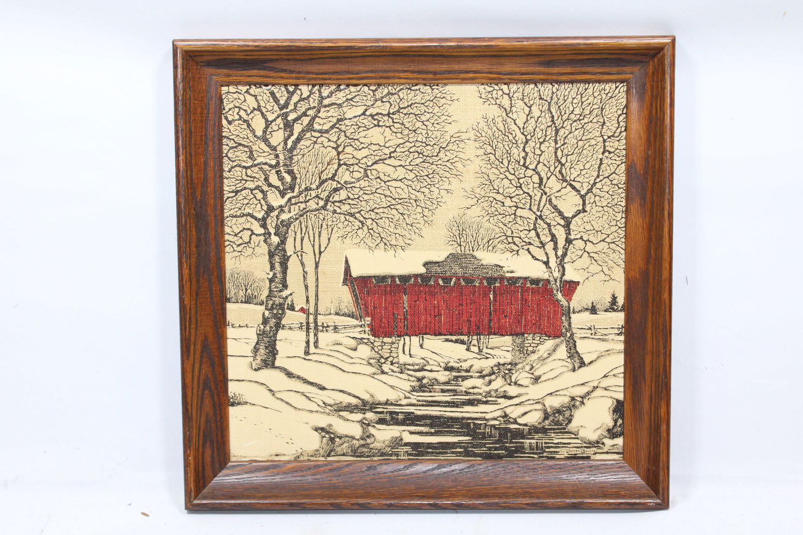 Set of 3 Framed Vintage Winter Covered Bridge Textile Art (1 of 4)