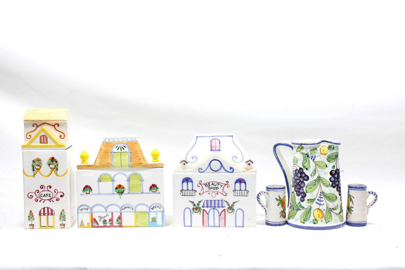 Set of Hand-Painted Ceramic Canisters and Italian Pitcher with Mugs (1 of 3)