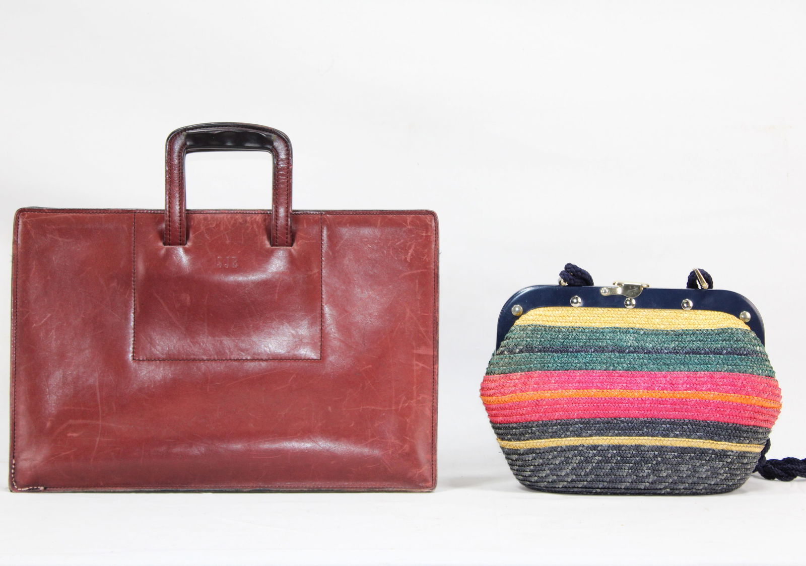 Vintage Leather Briefcase and Striped Woven Handbag (1 of 4)
