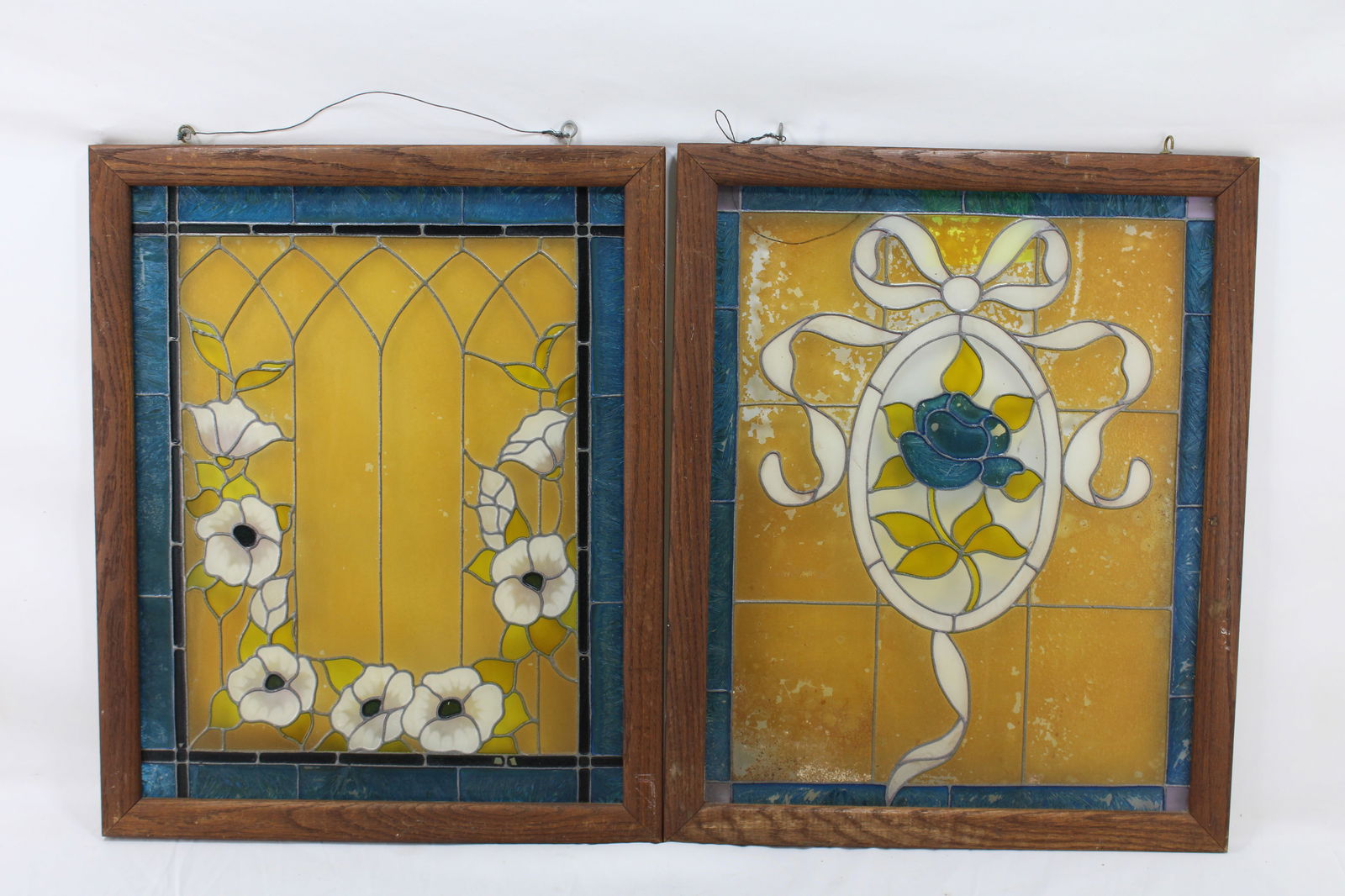 Pair of Vintage Stained Glass Panels with Wooden Frames (1 of 3)
