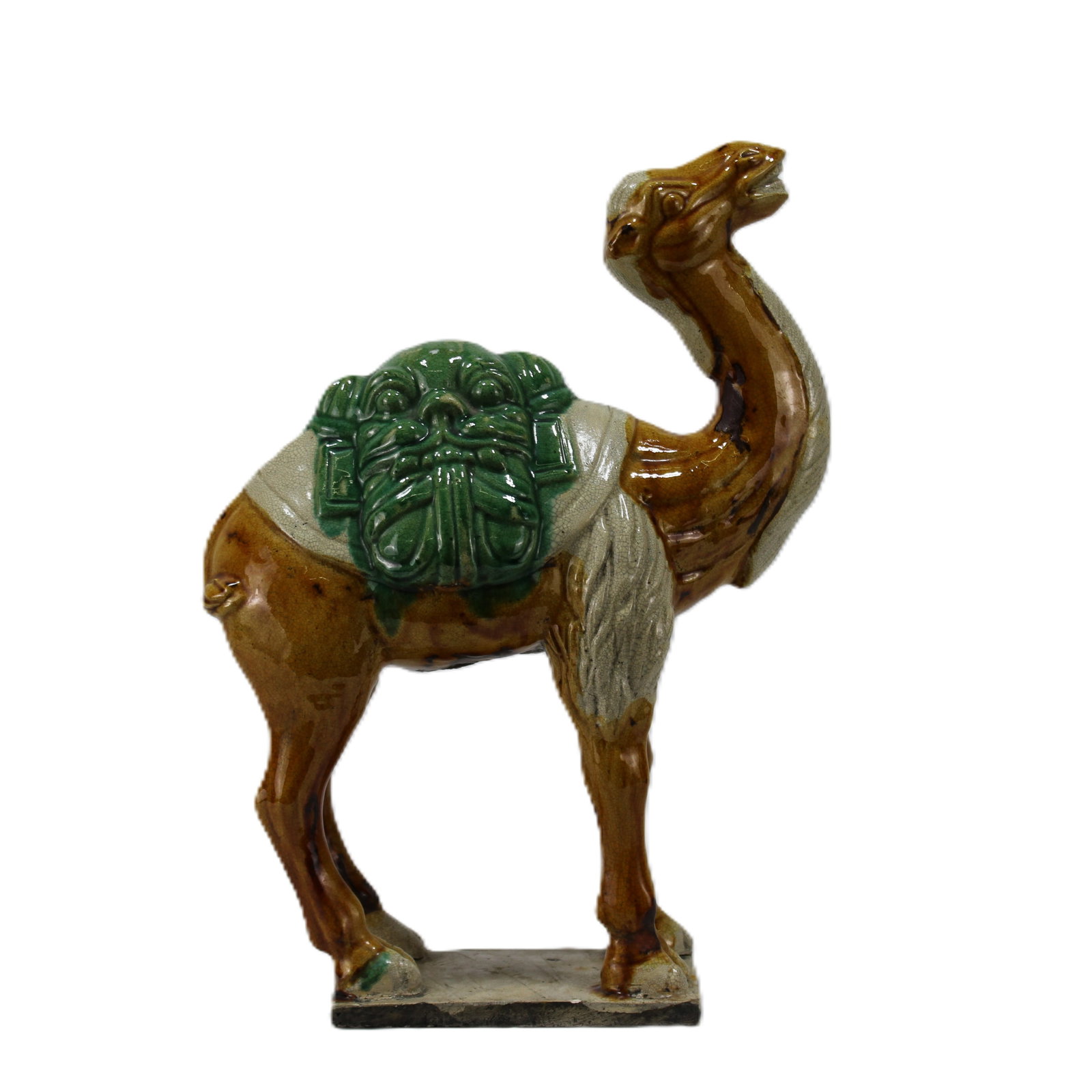 Decorative Glazed Pottery Camel with Intricate Saddle Design: Beautifully crafted ceramic camel figurine featuring a rich brown glaze and detailed saddle in vibrant green. The intricate design and glossy finish make it an eye-catching piece for collectors or as 