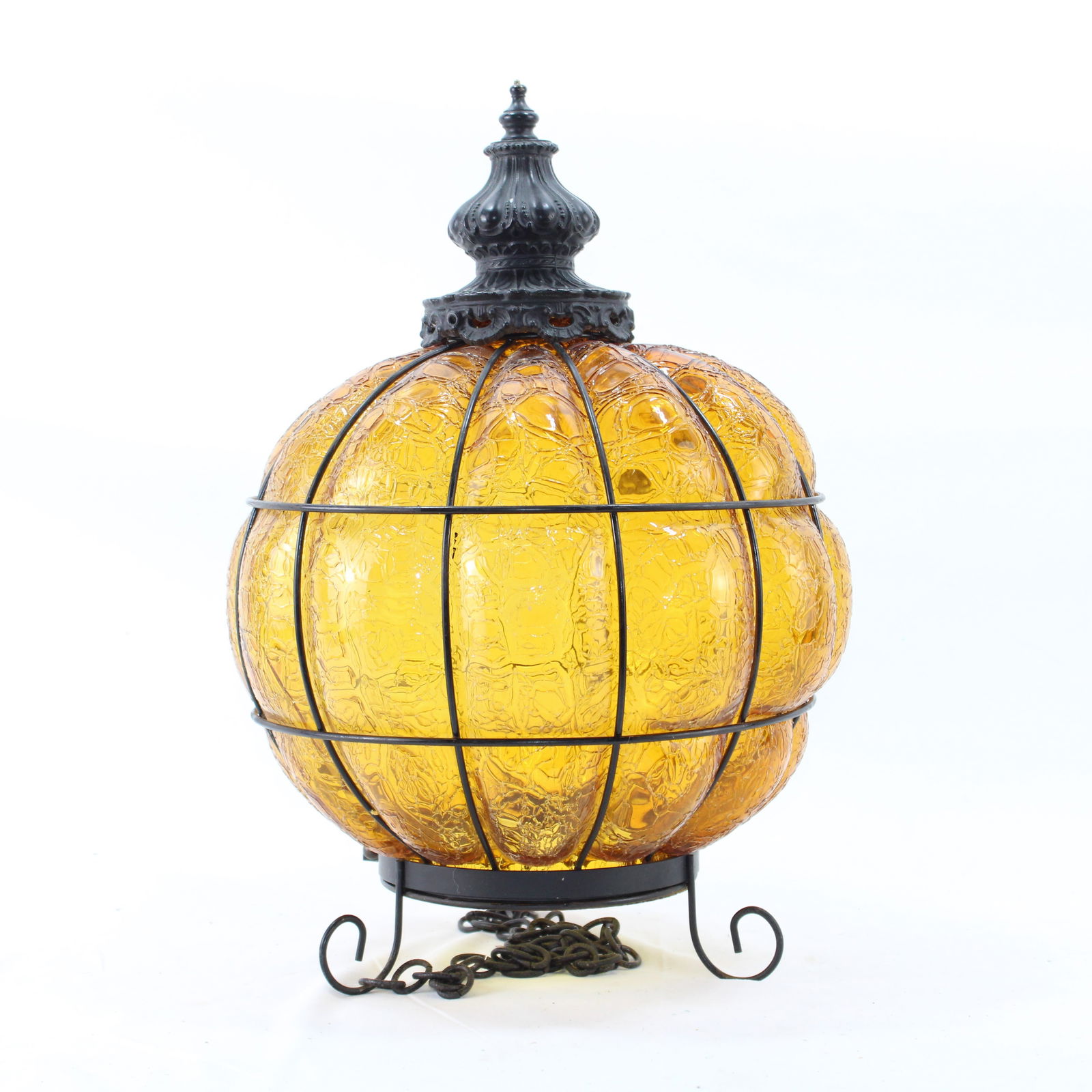 Vintage Amber Glass Hanging Lantern with Ornate Metal Frame (1 of 2)