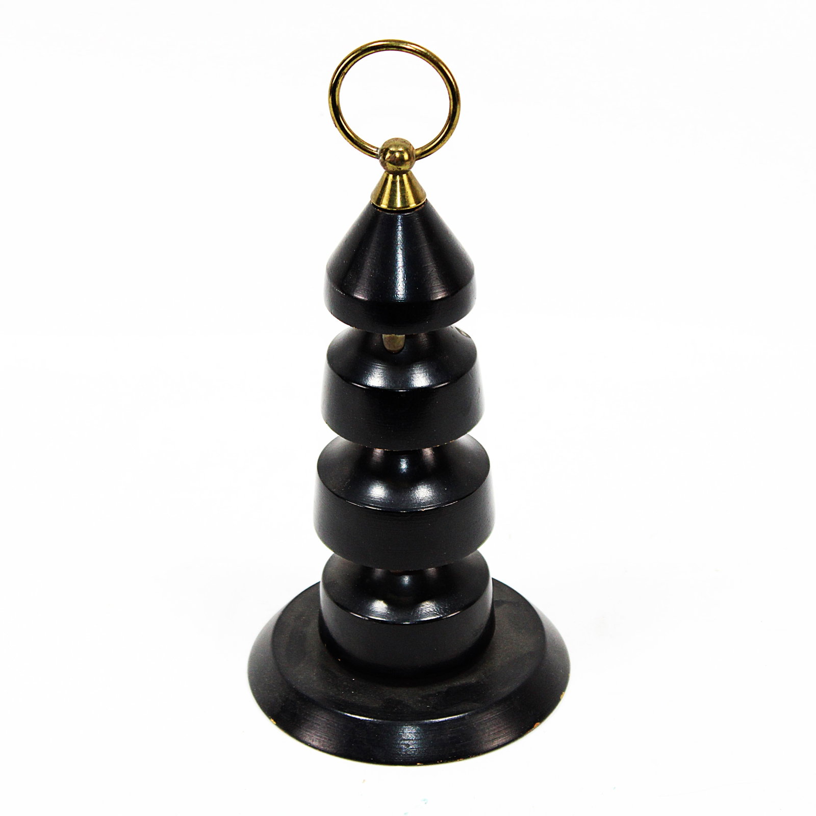 Vintage Mid Century Modern Black and Brass Wood Sculpture Danish Spins: This vintage sculpture is a unique piece of mid-century modern art that showcases both wood and brass materials. The design of this sculpture is reminiscent of Danish spins, making it a stylish additi