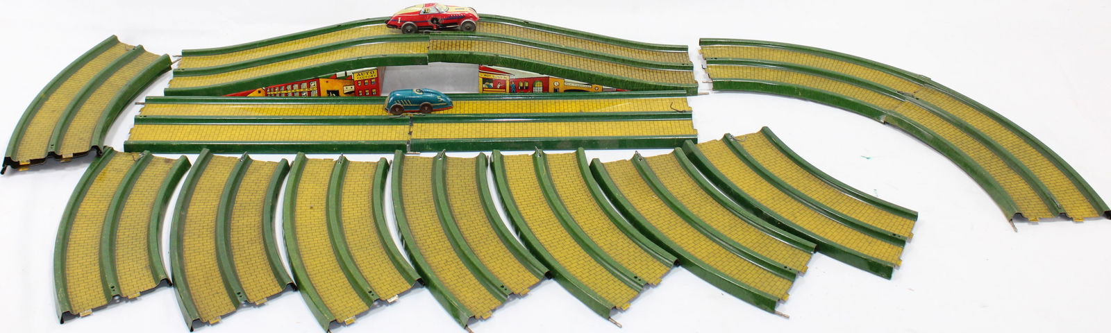 Retro Tin Toy Track Set Featuring Colorful Racing Cars and Track Pieces (1 of 3)