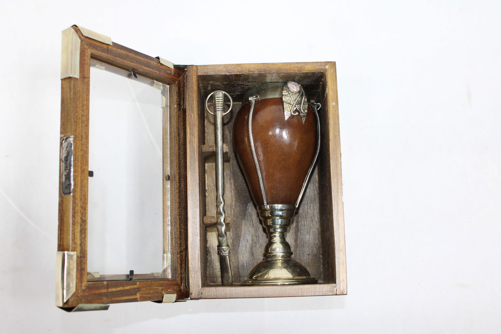 Traditional Argentine Mate Cup with Alpaca Silver and Pink Stone Embellishment (1 of 3)