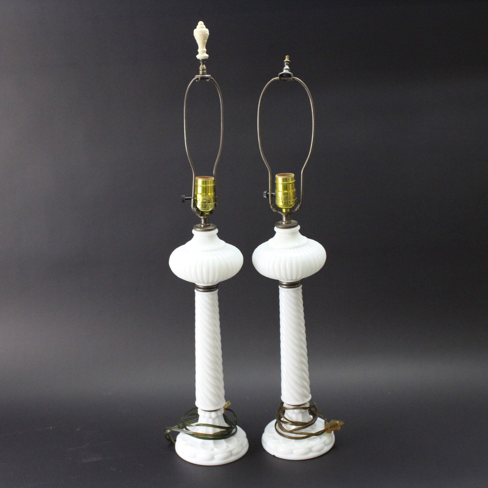 Vintage White Milk Glass Table Lamps Pair with Brass Hardware ? Electrified and Elegant Design (1 of 5)