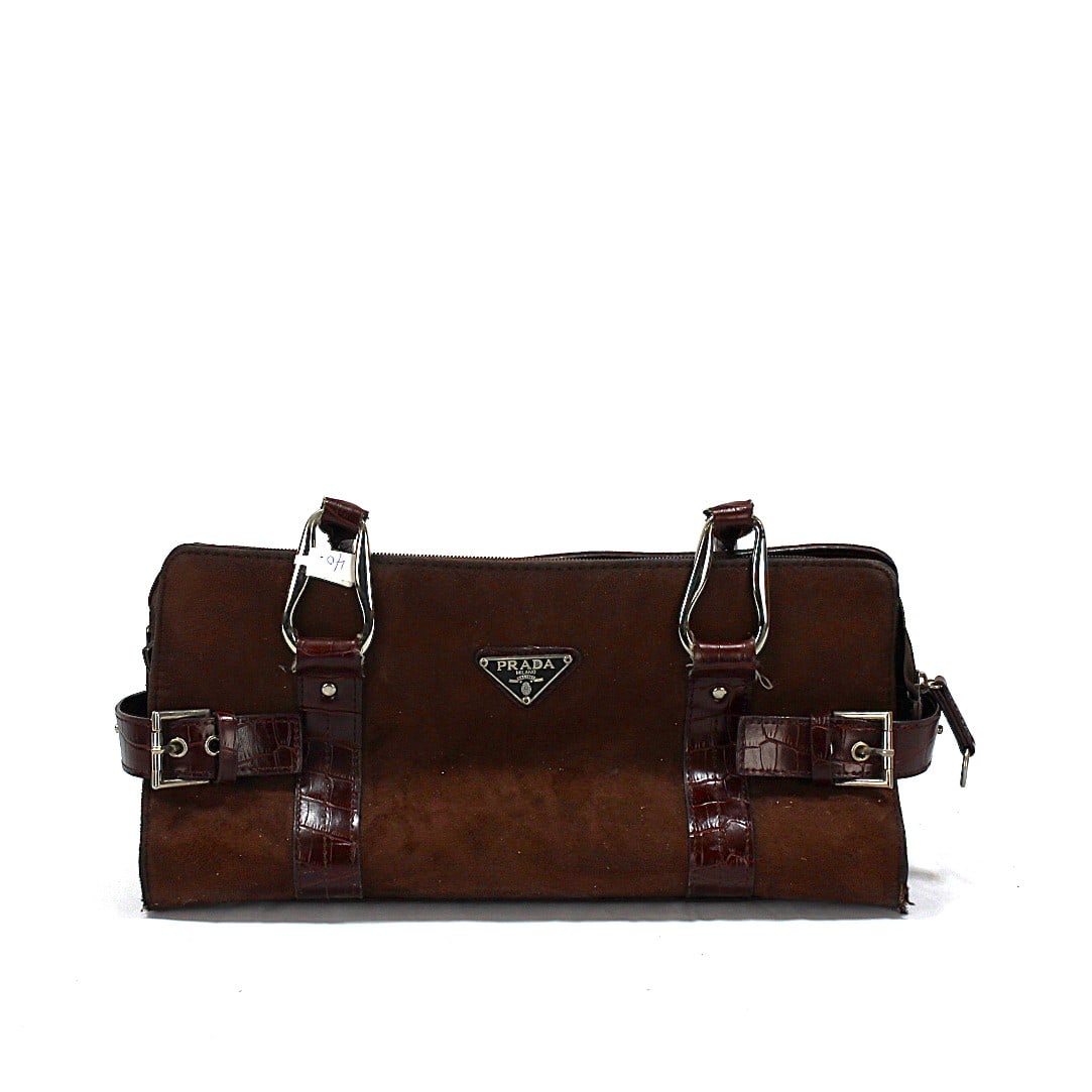 Brown Suede and Crocodile-Embossed Leather Handbag with Silver-Tone Hardware (1 of 3)