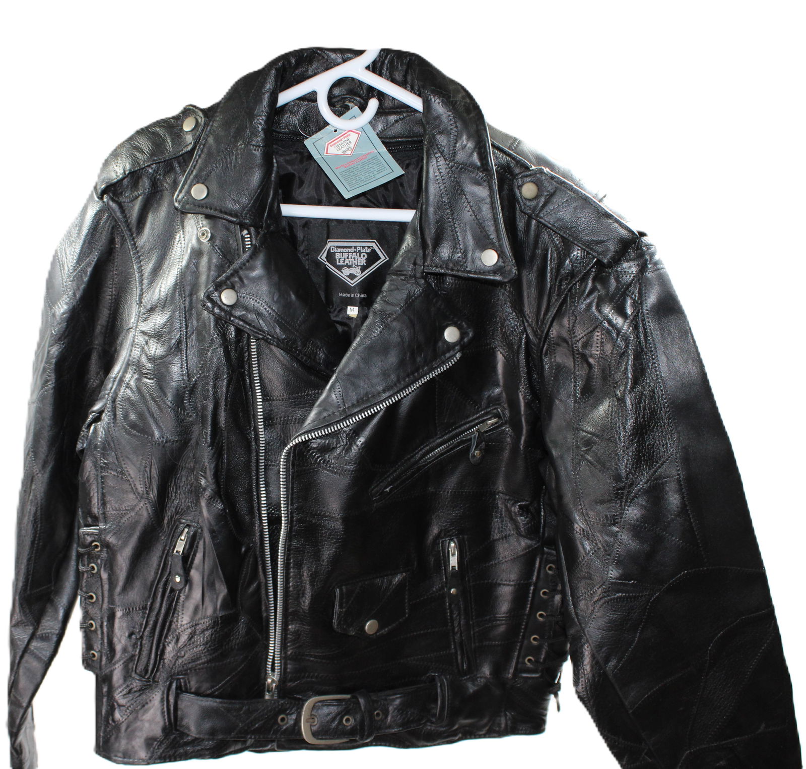Diamond Plate Black Buffalo Leather Biker Jacket with Belted Waist ? Size M (1 of 2)