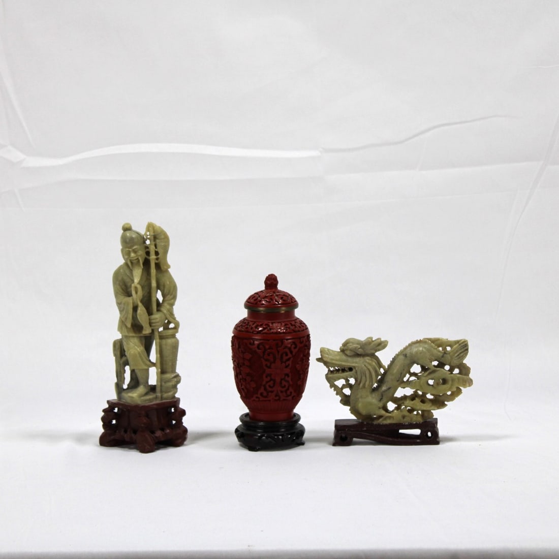 Chinese Collectible Jade Sculpture Set with Red Cinnabar Lidded Snuff Bottle (1 of 2)