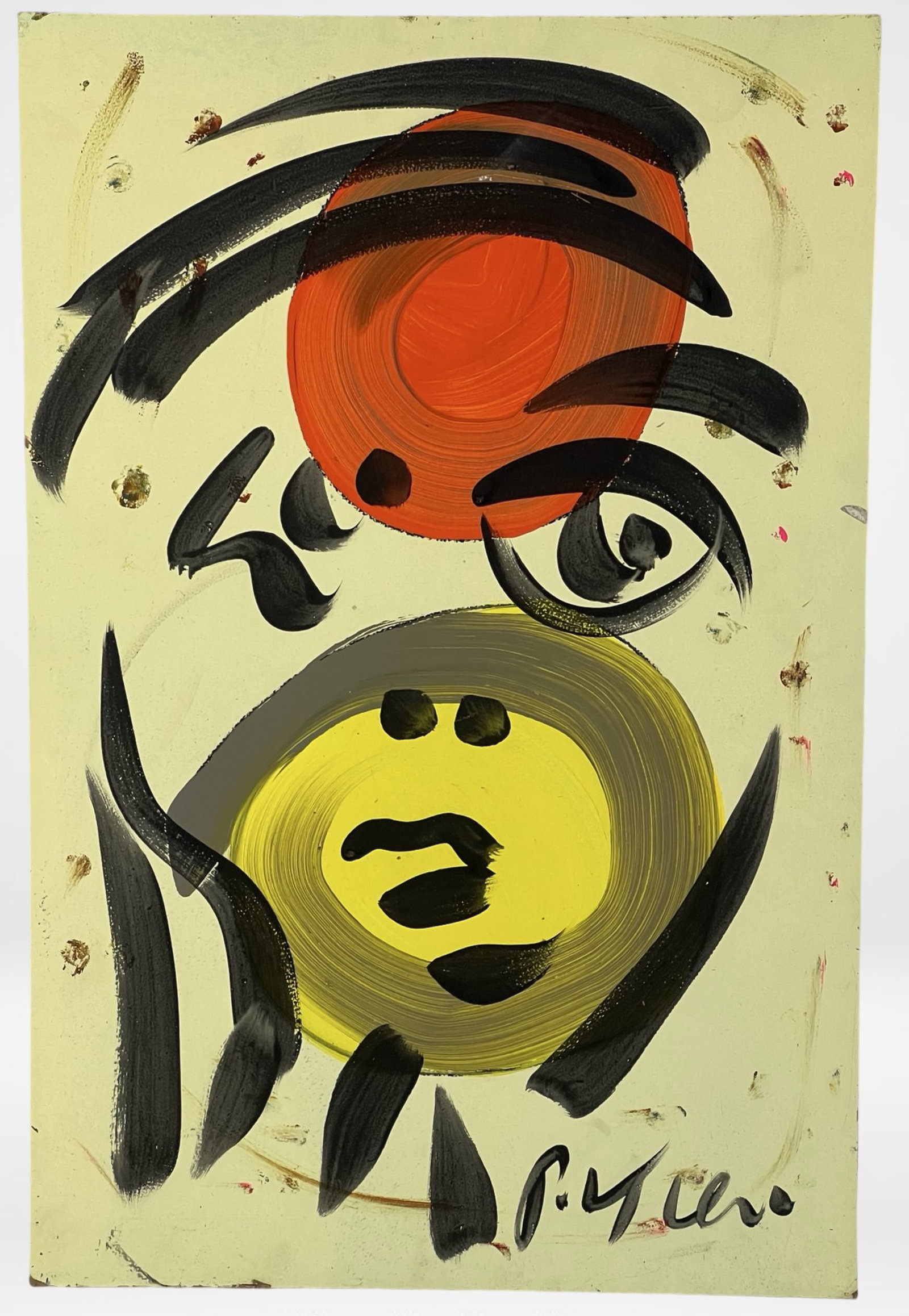 Peter Robert Keil - "Portrait of a Man": Peter Robert Keil - "Portrait of a Man" Acrylic and oil on Masonite board. A striking expressionist portrait featuring bold black brushstrokes and vibrant circular forms in red and yellow. Keil's dyna