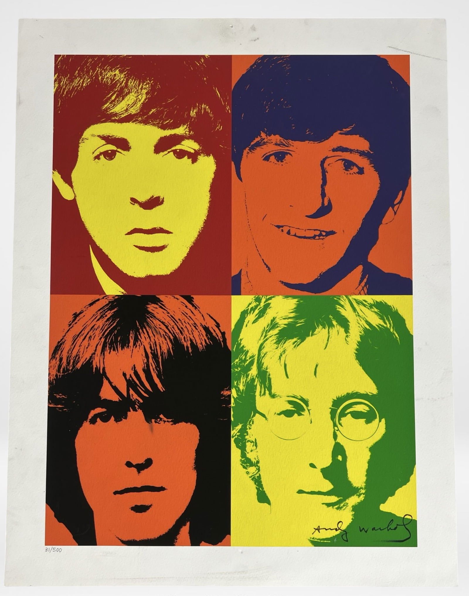 Andy Warhol Limited Edition "Beatles" Screenprint: Limited edition screenprint on paper featuring Andy Warhol's iconic Pop Art depiction of The Beatles. The composition showcases vibrant, high-contrast portraits of Paul McCartney, Ringo Starr, George