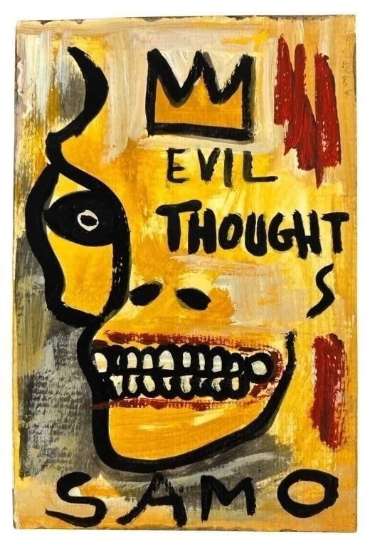 Pop Art Painting in style of Jean-Michel Basquiat: Mixed Media Painting on thick paper in style of Jean-Michel Basquiat (1960-1988, New York). Signed " JMB" with Crown on verso. 11 5/8 x 8 1/4 unframed. Good Condition.This piece is sold In the Style o