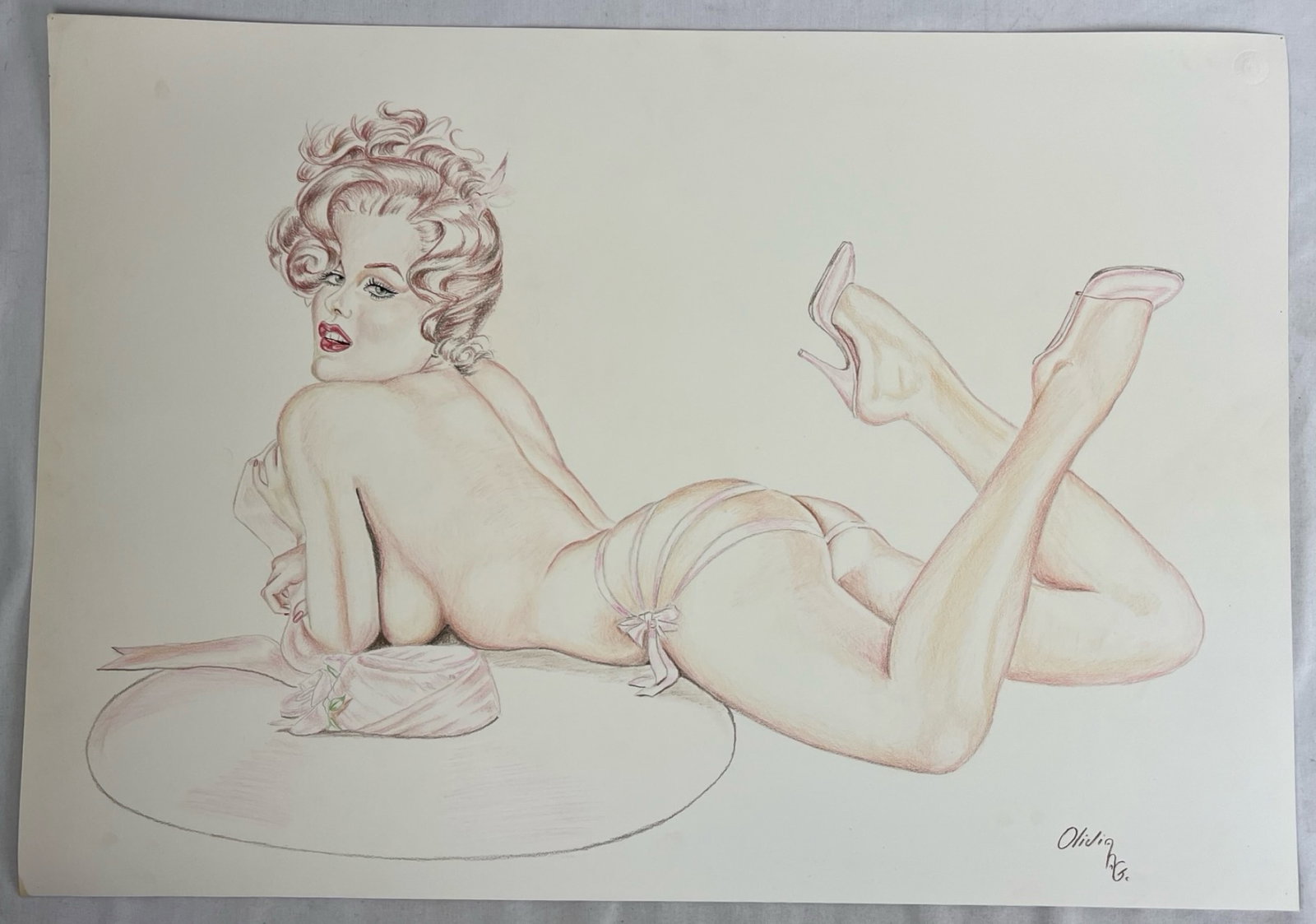 Original Sexy Pin-Up Girl Drawing by Olivia: An alluring and highly detailed pin-up girl drawing, signed "Olivia" in the lower right. The figure is drawn with exceptional attention to detail, showcasing a provocative yet artistic representation 
