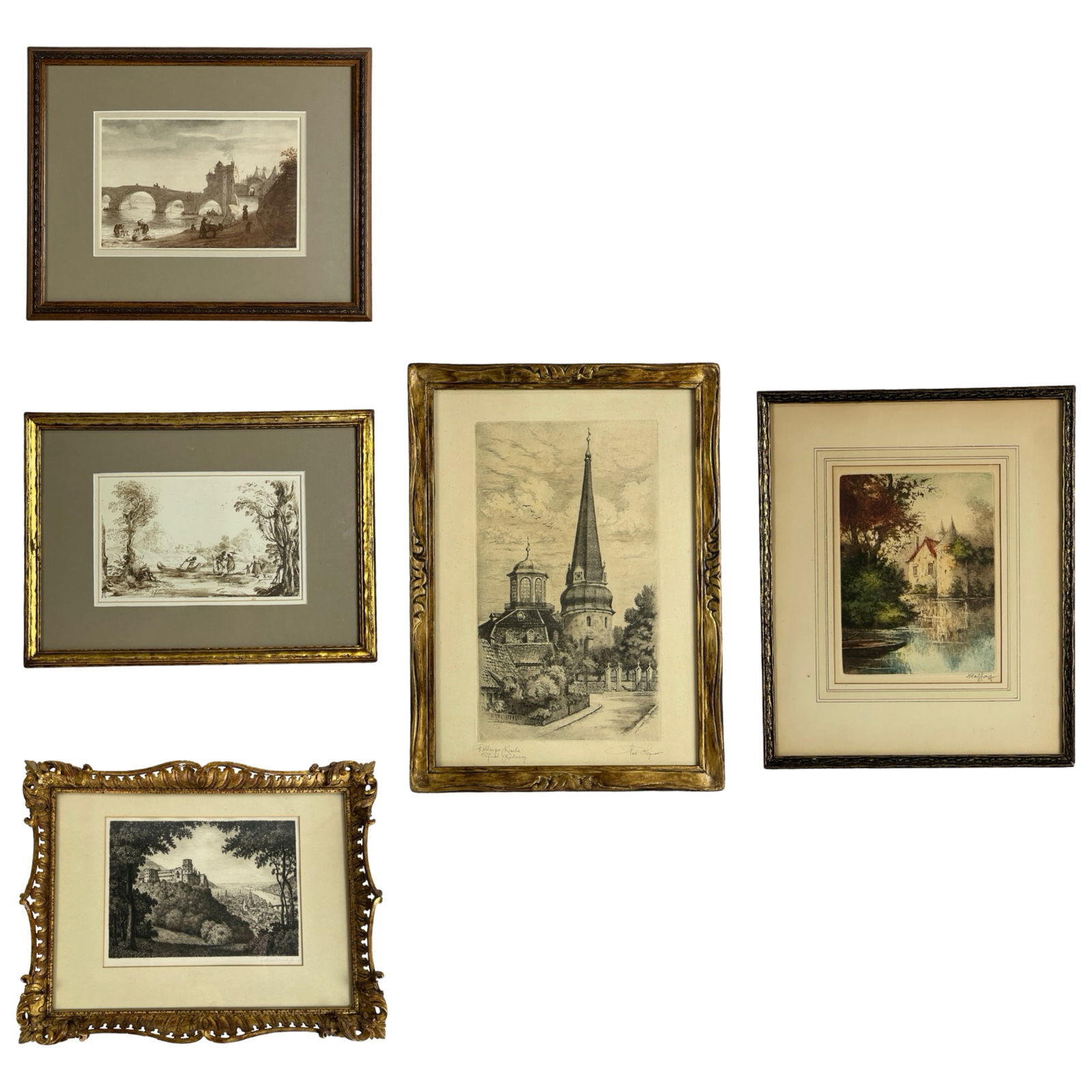 Collection of European Antique Engravings: An assorted lot of five framed European engravings and etchings, featuring historical and architectural landmarks. The collection includes: "Bridge over the Loire near Amboise" by Lambert Doomer, an a
