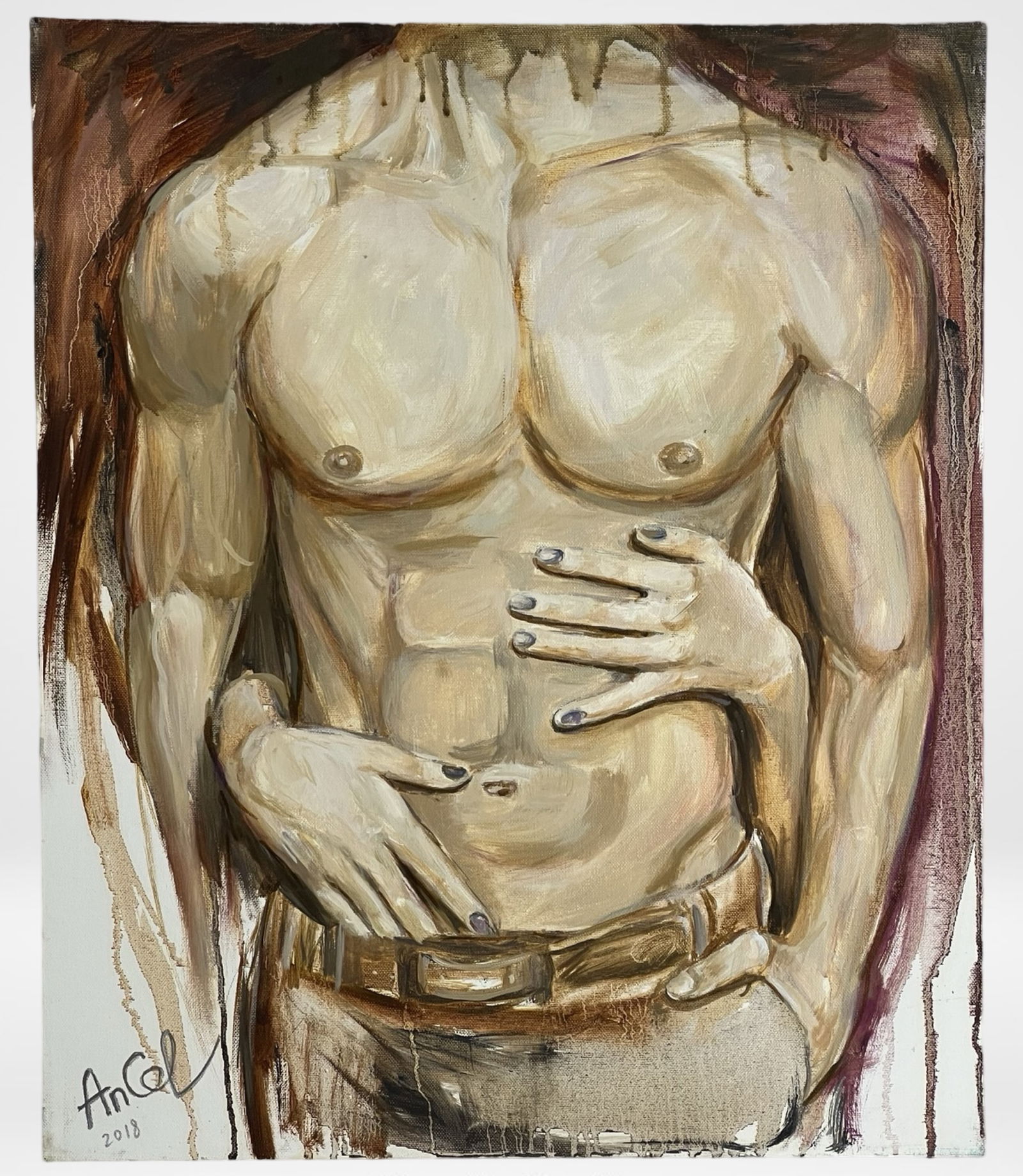 Modern Sexy Erotic Expressionist Oil Painting: A striking and sensual oil on canvas painting depicting a male torso embraced by multiple hands, creating an intimate and provocative composition. The artist utilizes a rich palette of warm earth tone