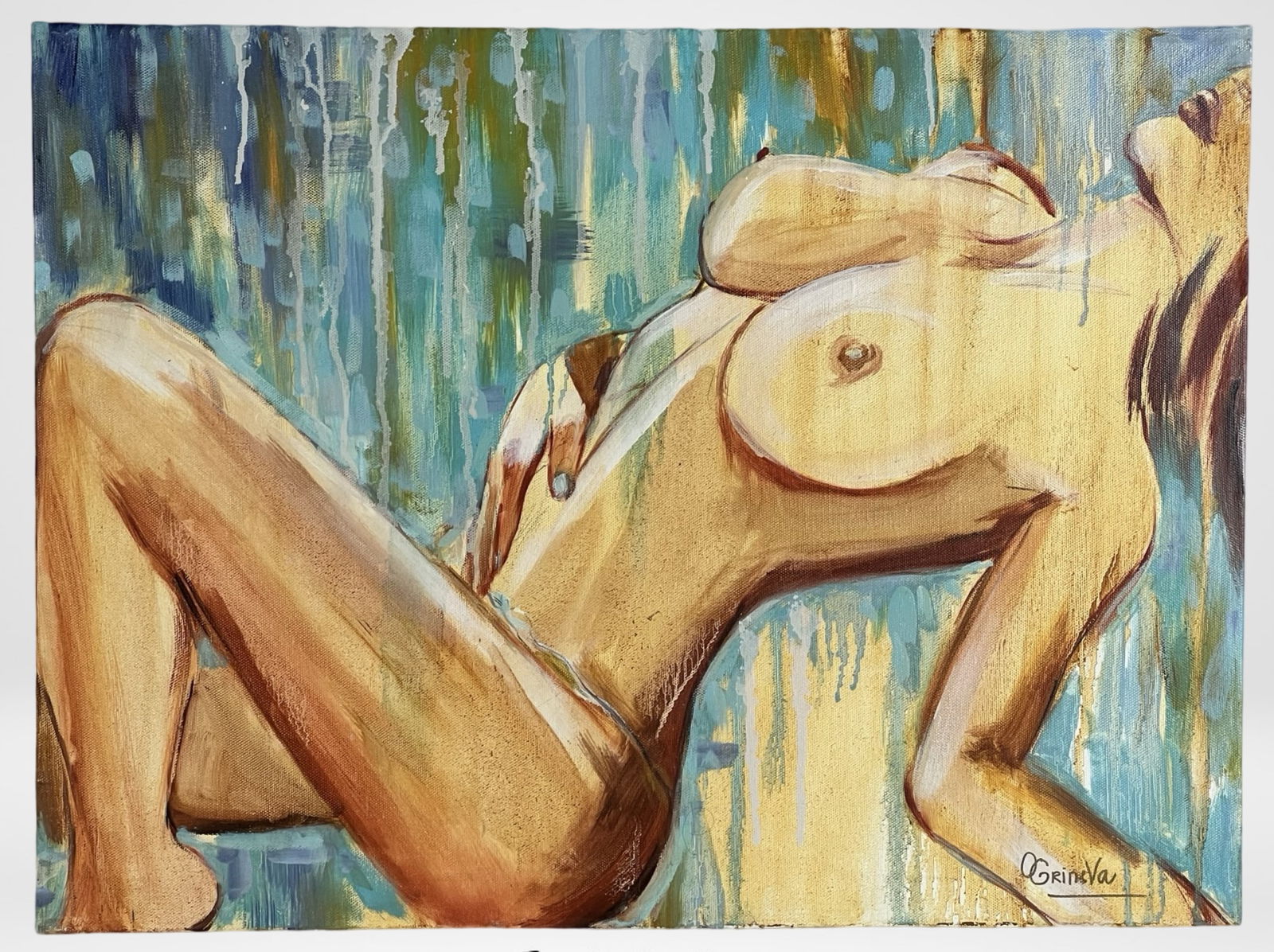 Modernist Contemporary Sensual Nude Painting: Original oil painting by contemporary artist Oksana Grineva, depicting a reclining female nude in an expressive modernist style. The composition blends warm golden hues with cool blue tones, enhanced