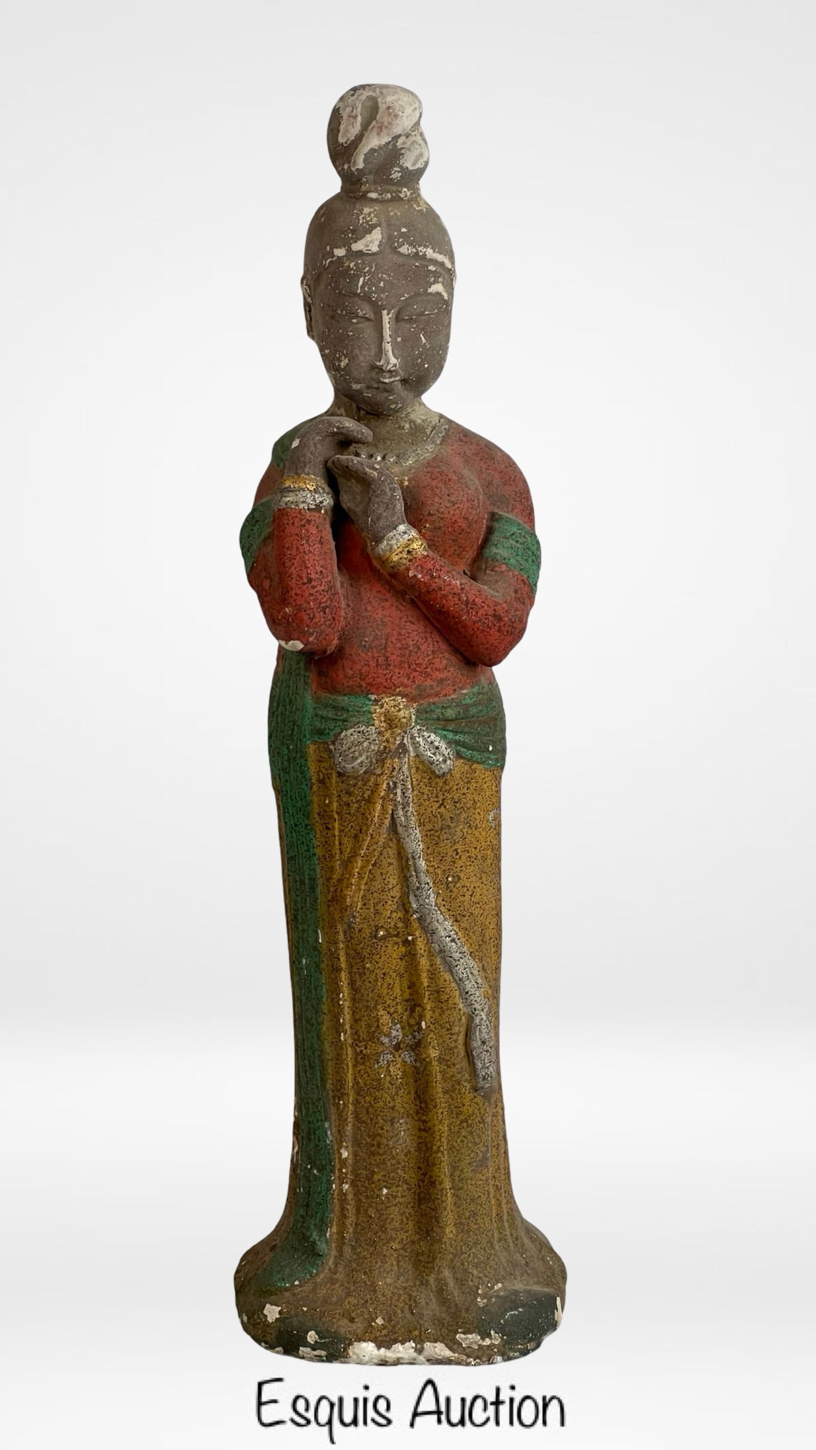 Antique Chinese Tang Terracotta Female Figure: A 16" tall hand-painted Chinese Tang-style terracotta figure of a court lady. The figure stands in a graceful pose, wearing a flowing robe in red, green, and yellow pigments, now aged with natural wea