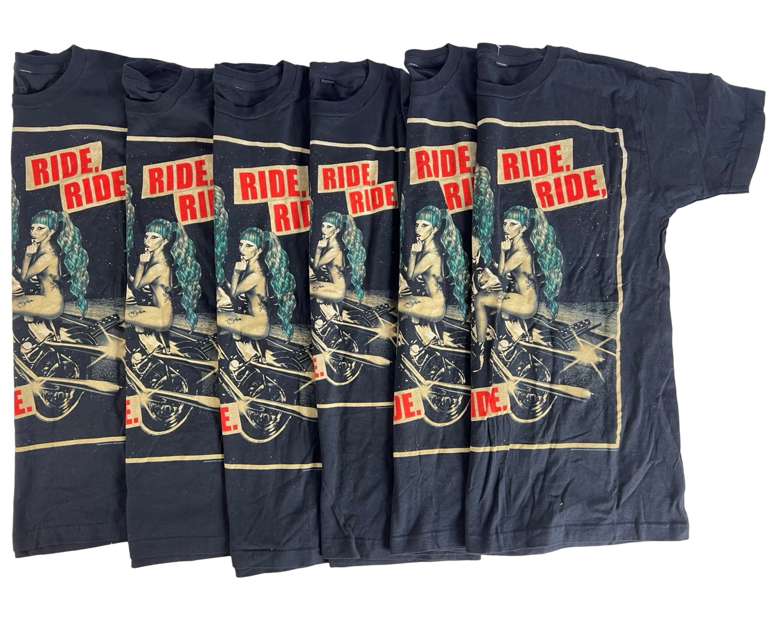 Lady Gaga 2013 Pony Ride Tour T-Shirts - Lot of 6: Lot of six Lady Gaga "Pony Ride" 2013 Tour T-shirts, all appearing unused. These shirts feature bold graphics from the iconic tour, making them a must-have for collectors and fans.Approximate size: La