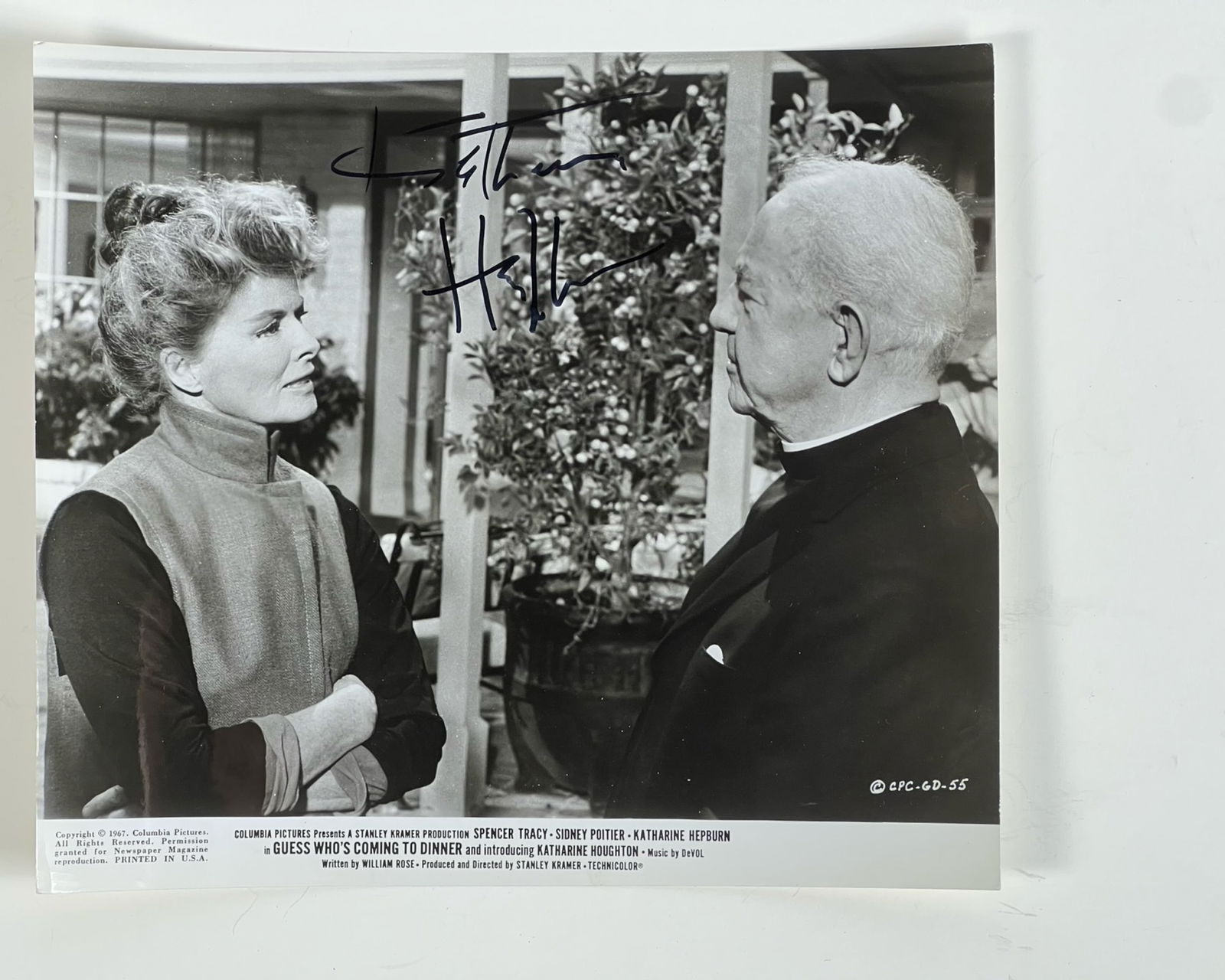 Katharine Hepburn Signed Movie Photo: Autographed 8" x 10" black and white promotional photo from Guess Who's Coming to Dinner (1967), signed by legendary actress Katharine Hepburn.Good overall condition with minor handling wear. Please r