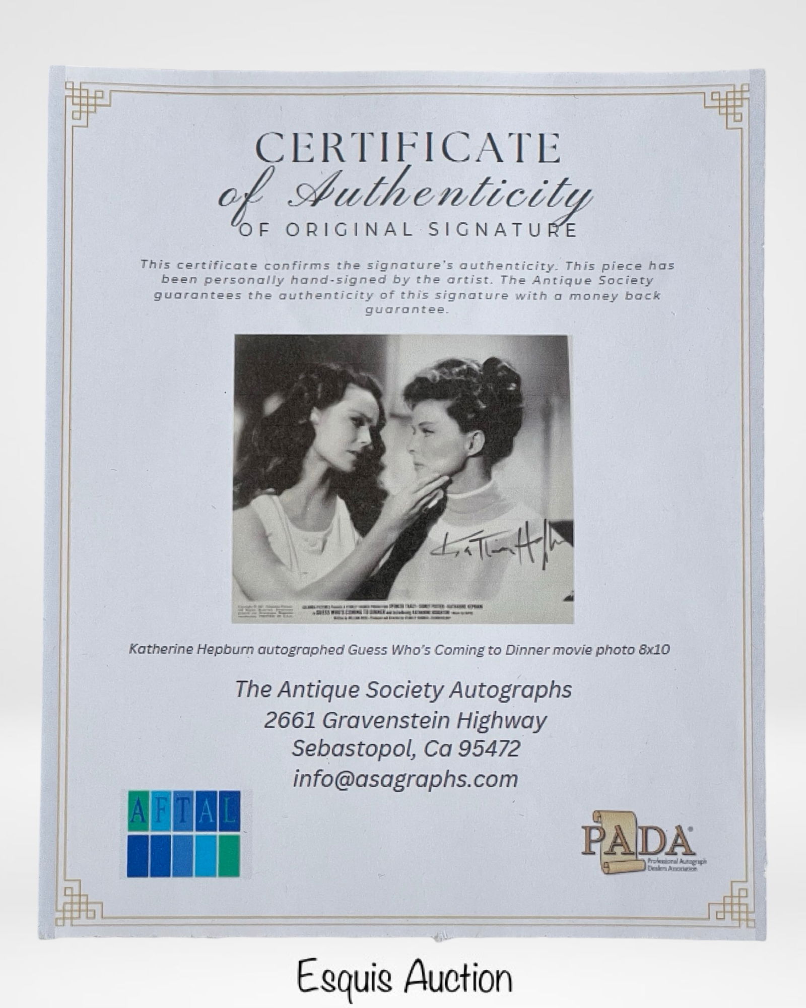 Katharine Hepburn Signed Movie photograph: Autographed 8" x 10" black and white promotional photo from Guess Who's Coming to Dinner (1967), signed by legendary actress Katharine Hepburn.Good overall condition with minor handling wear. Please r