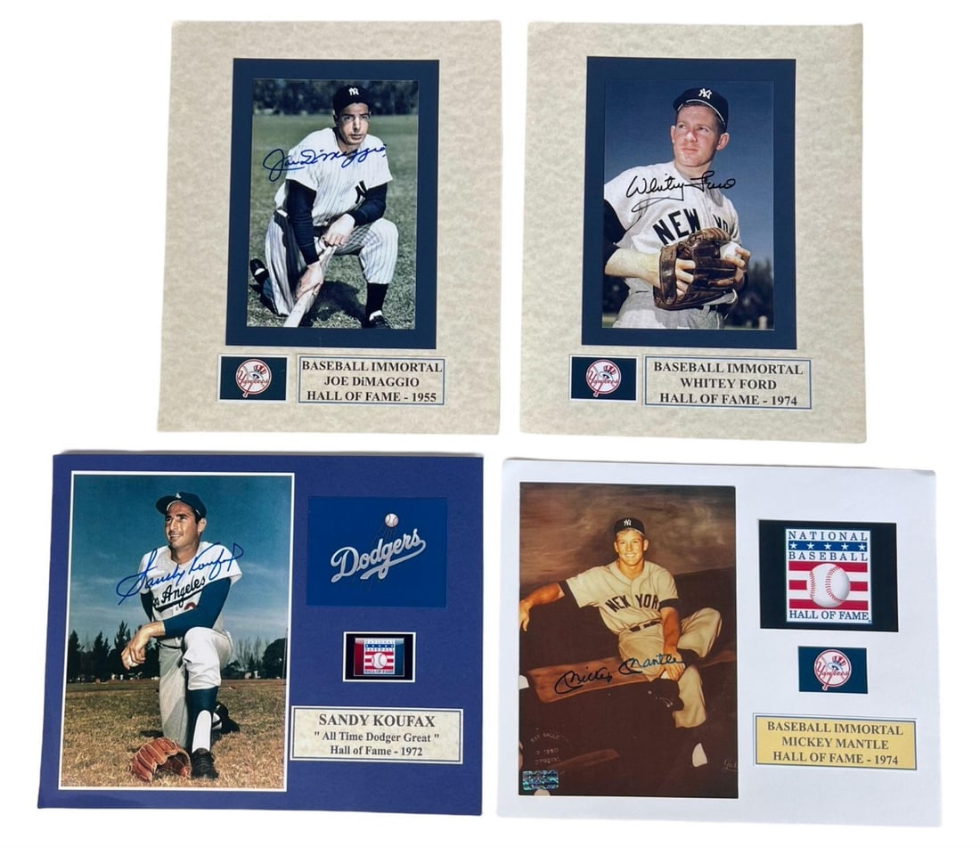 Baseball Immortals Autographed Photos- Mantle, Kou: A collection of four signed photographs featuring Hall of Fame legends: Joe DiMaggio (1955), Whitey Ford (1974), Sandy Koufax (1972), and Mickey Mantle (1974). Each photo is professionally mounted on 