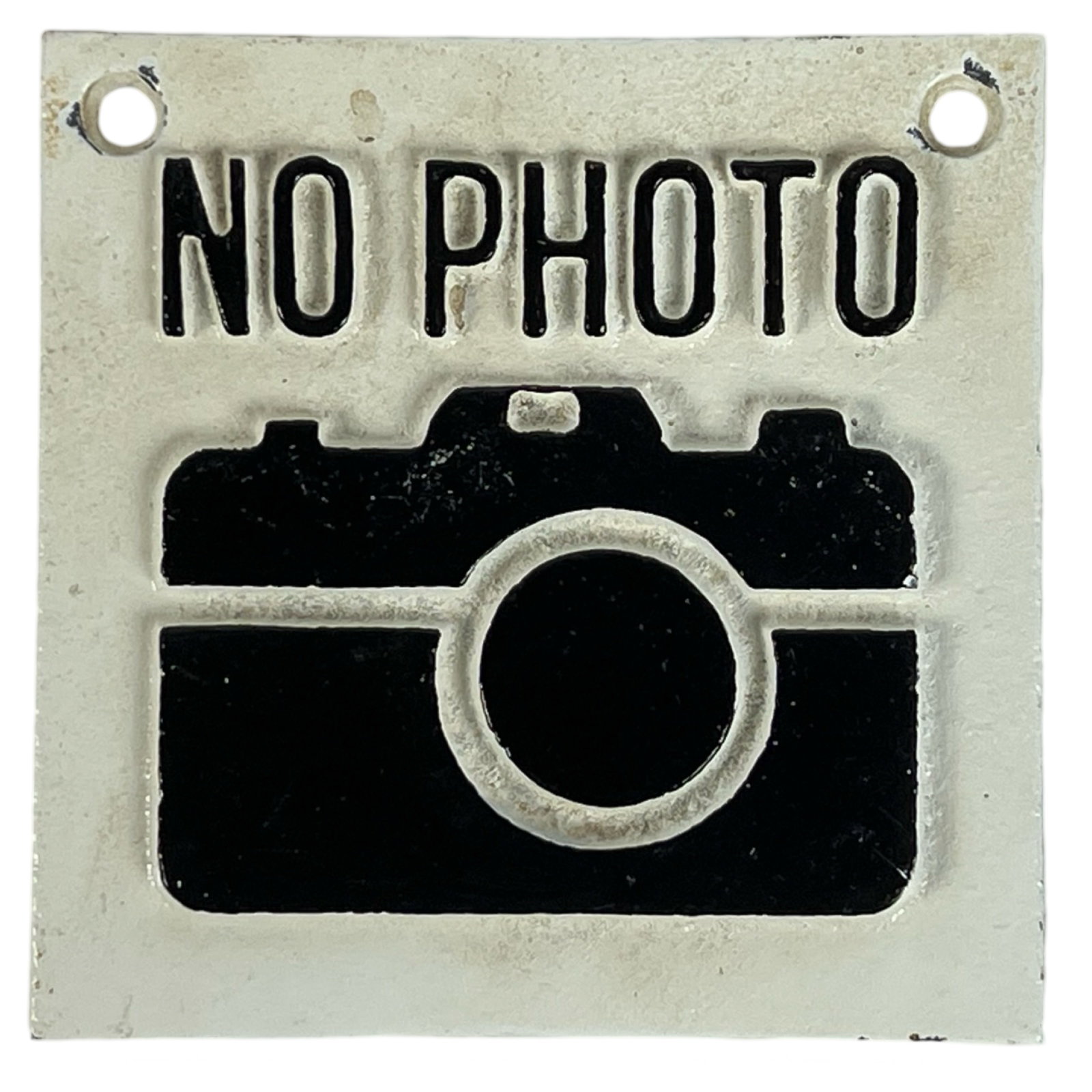 Vintage Cast Iron "No Photo" Sign: Vintage cast iron sign featuring a bold "No Photo" design with a raised camera motif in black and white. The square plaque measures approximately 4" x 4".