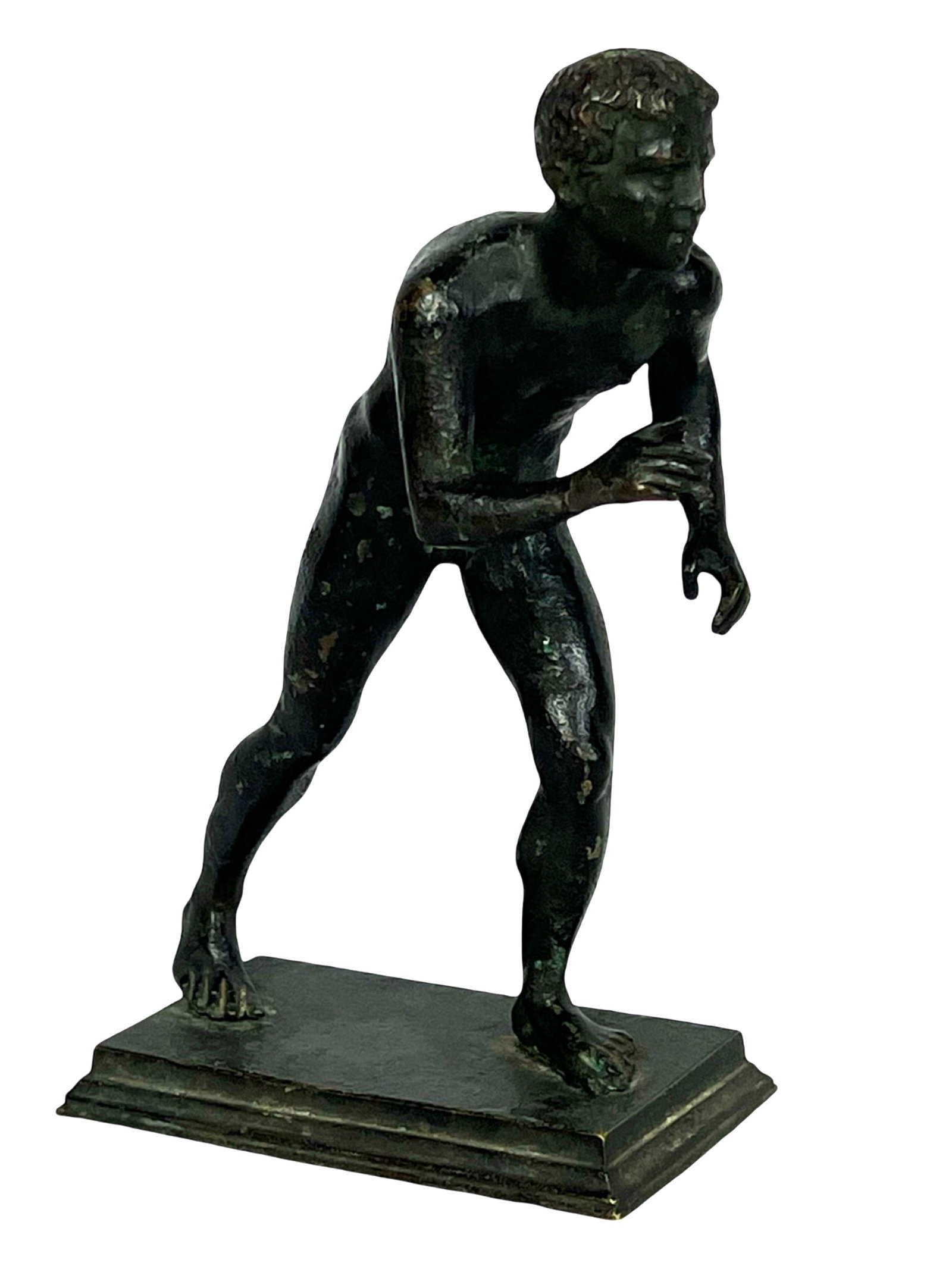 Ancient Greek Athlete Bronze Sculpture: Bronze sculpture of an Ancient Greek athlete in a dynamic pose, showcasing detailed musculature and movement. This finely cast figure stands on a rectangular base, measuring 7" tall. The piece reflect