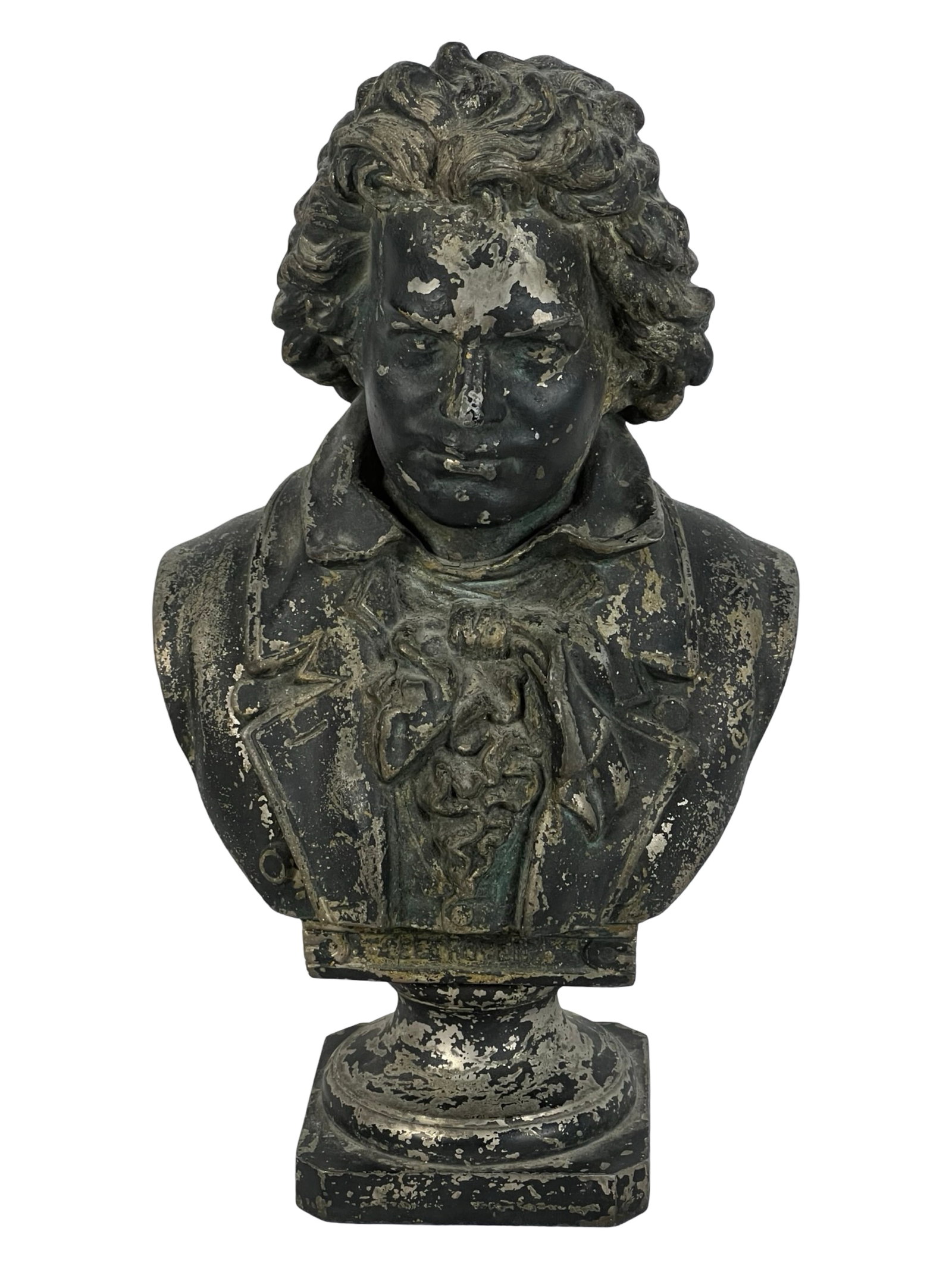 Ludwig van Beethoven Antique Metal Bust: Antique metal bust of Ludwig van Beethoven, measuring 11 1/2" tall. The detailed sculpture captures the famous composer's intense expression, with intricate curls and period clothing. The surface exhi