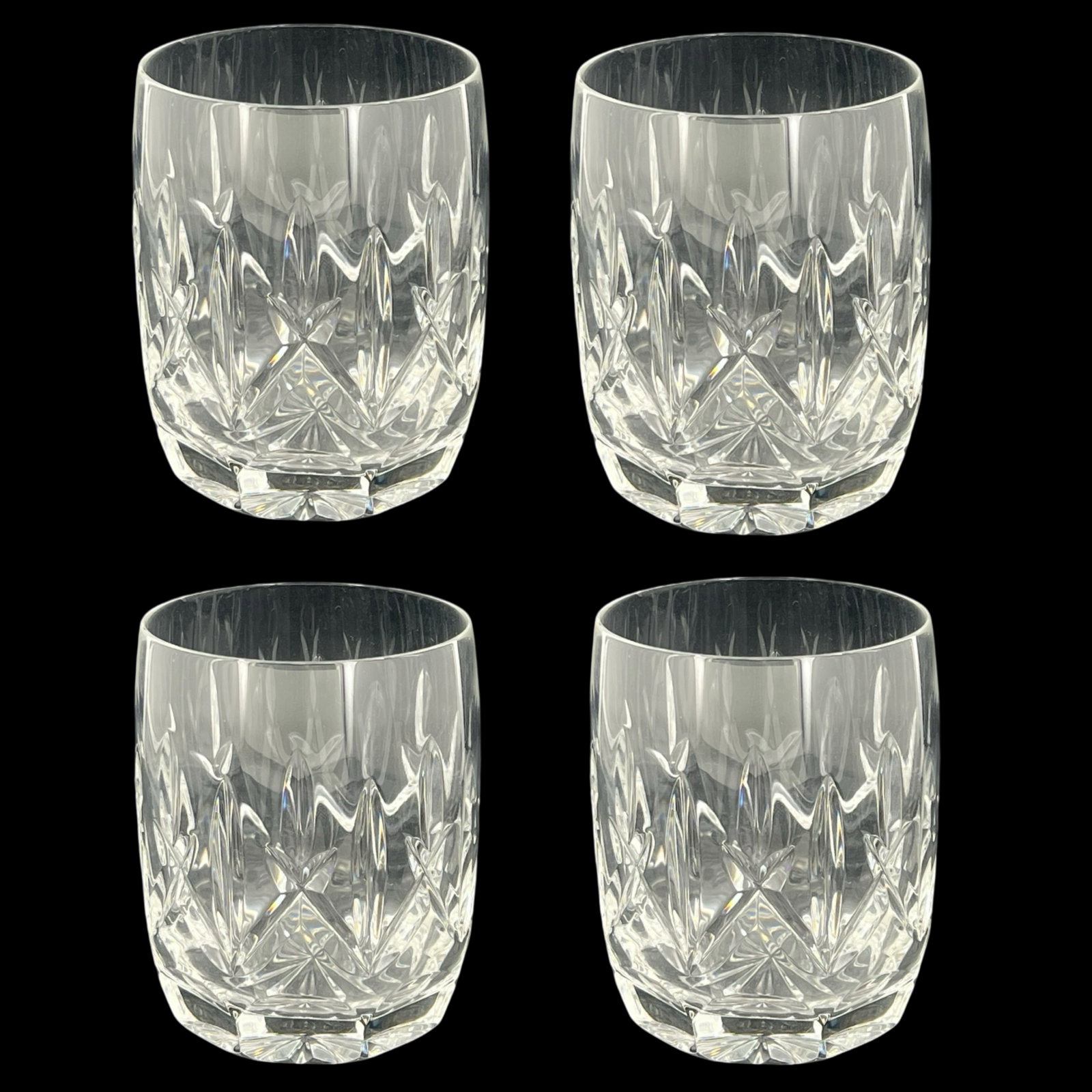 Waterford Crystal Double Old-Fashioned Whiskey Gla: Set of four Waterford Crystal double old-fashioned whiskey glasses. Each glass features a classic cut crystal pattern with a brilliant sparkle and elegant faceted design. Marked with the Waterford log