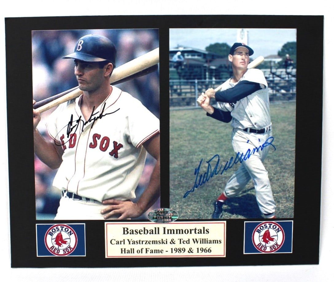 Ted Williams & Carl Yastrzemski Autographed Photo: Red Sox Immortals Photo. Celebrate the legacy of two Boston Red Sox legends with this dual-signed photo featuring Carl Yastrzemski and Ted Williams. Highlighting their Hall of Fame inductions (Yastrze