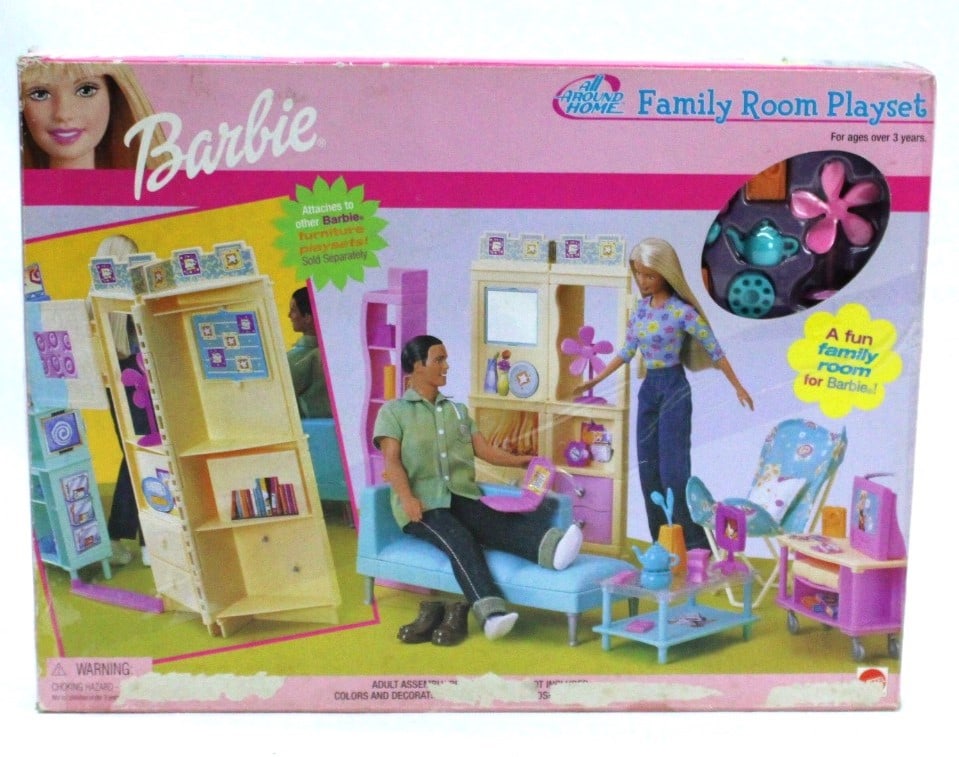 Barbie Doll Family Room Playset, Complete Set: Delight in the charming Barbie Family Room Playset, a perfect addition to any Barbie collection. This set is part of the "Around the Home" series and comes in its original sealed packaging, ensuring m